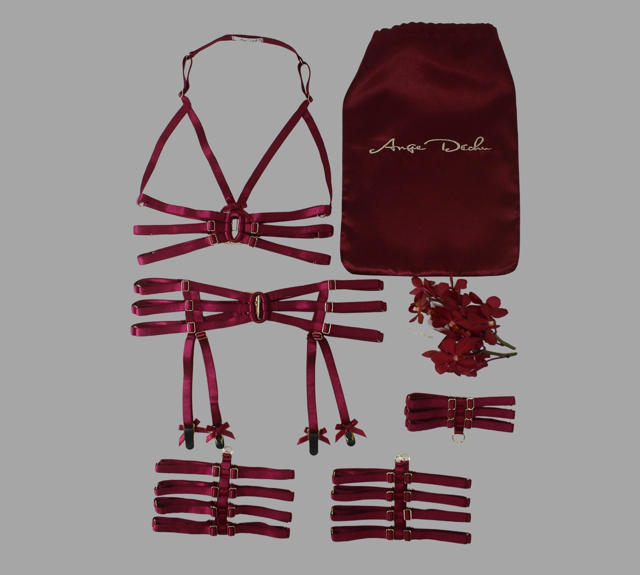Sexy strappy body harness set in burgundy red with choker harness bra garter and suspender boudoir gift for her