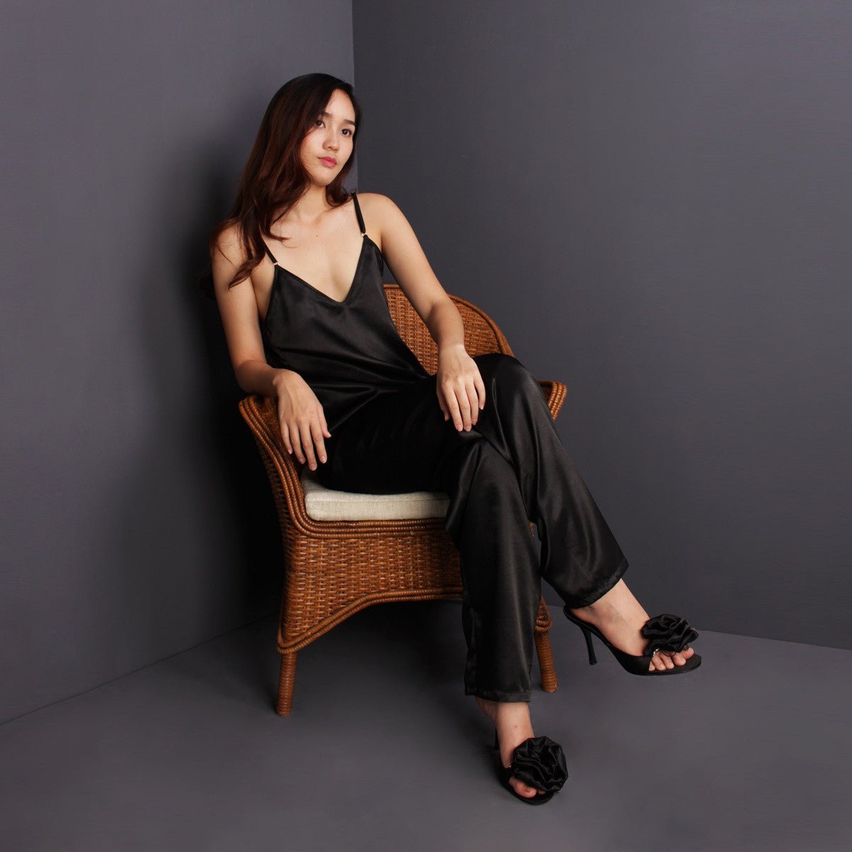 Black satin luxury pajama set camisole top loungewear nightwear sleepwear by Ange Dechu - Ange Déchu