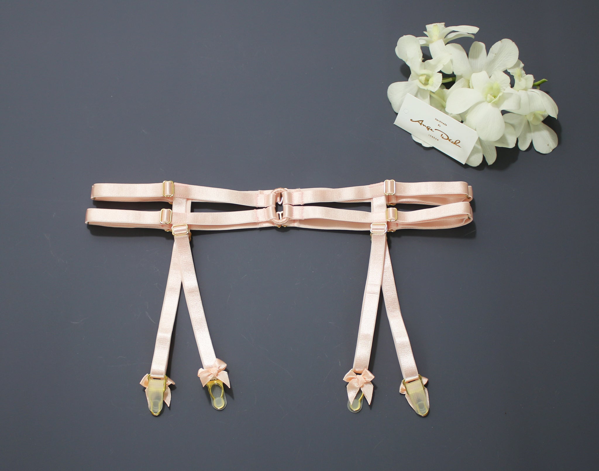 Body harness set in peach pink with choker sexy lingerie bridal garter belt harness garter and suspender boudoir gift for her - Ange Déchu