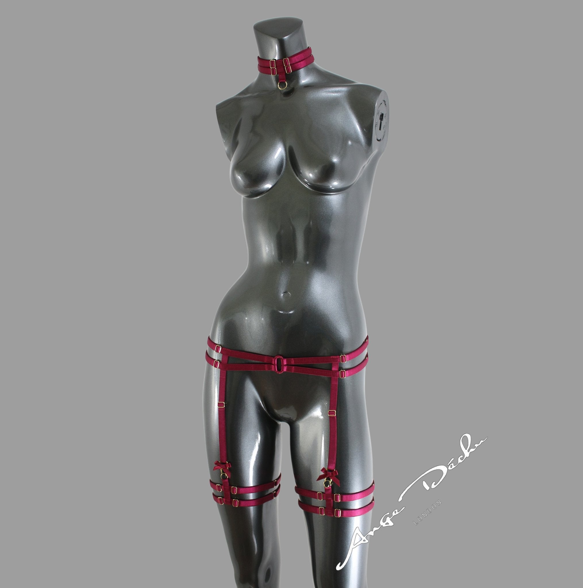 Body harness set in red with choker sexy garter belt harness garter and suspender boudoir gift for her - Ange Déchu