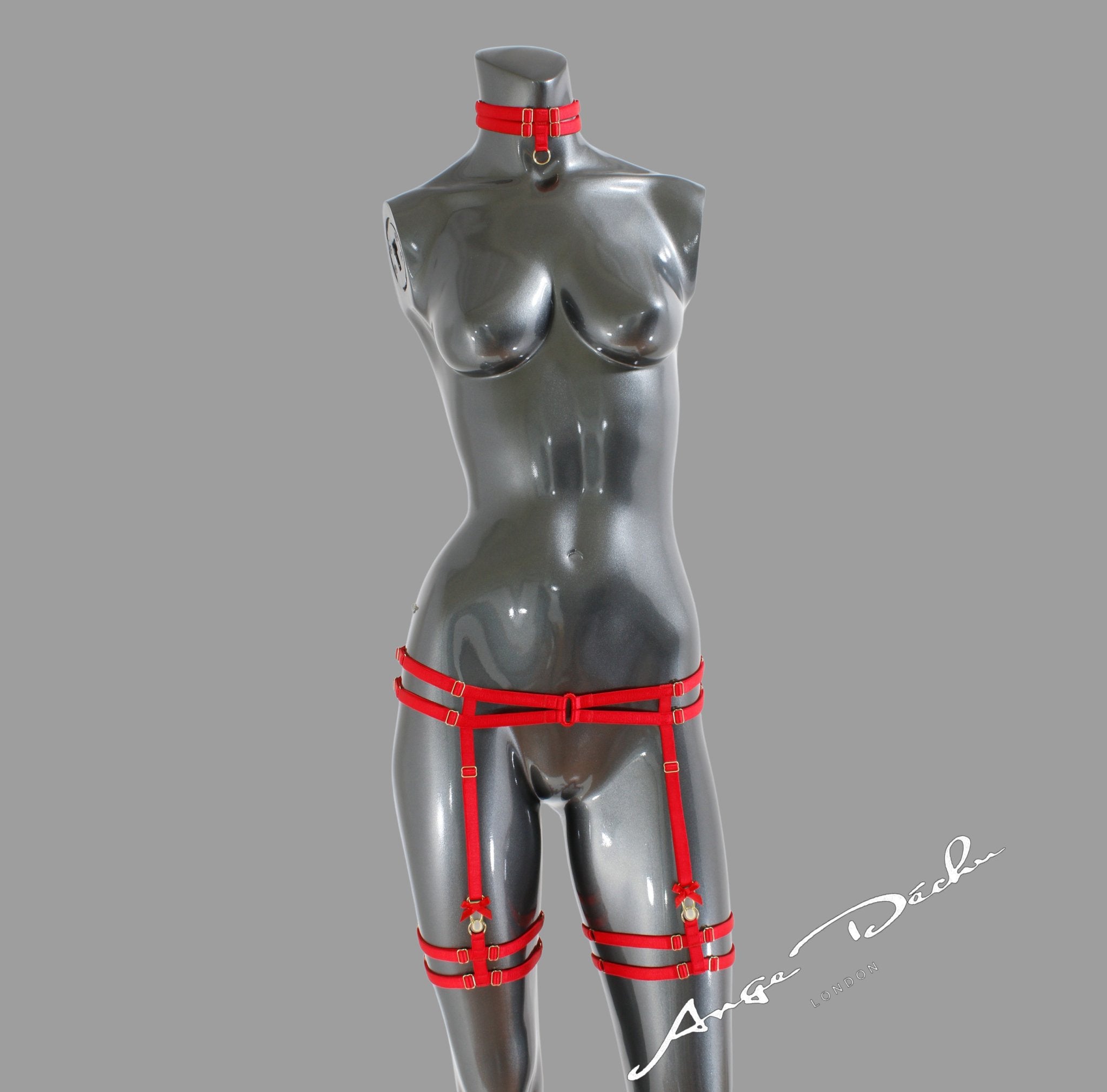 Body harness set in red with choker sexy lingerie bridal garter belt harness garter and suspender boudoir gift for her - Ange Déchu