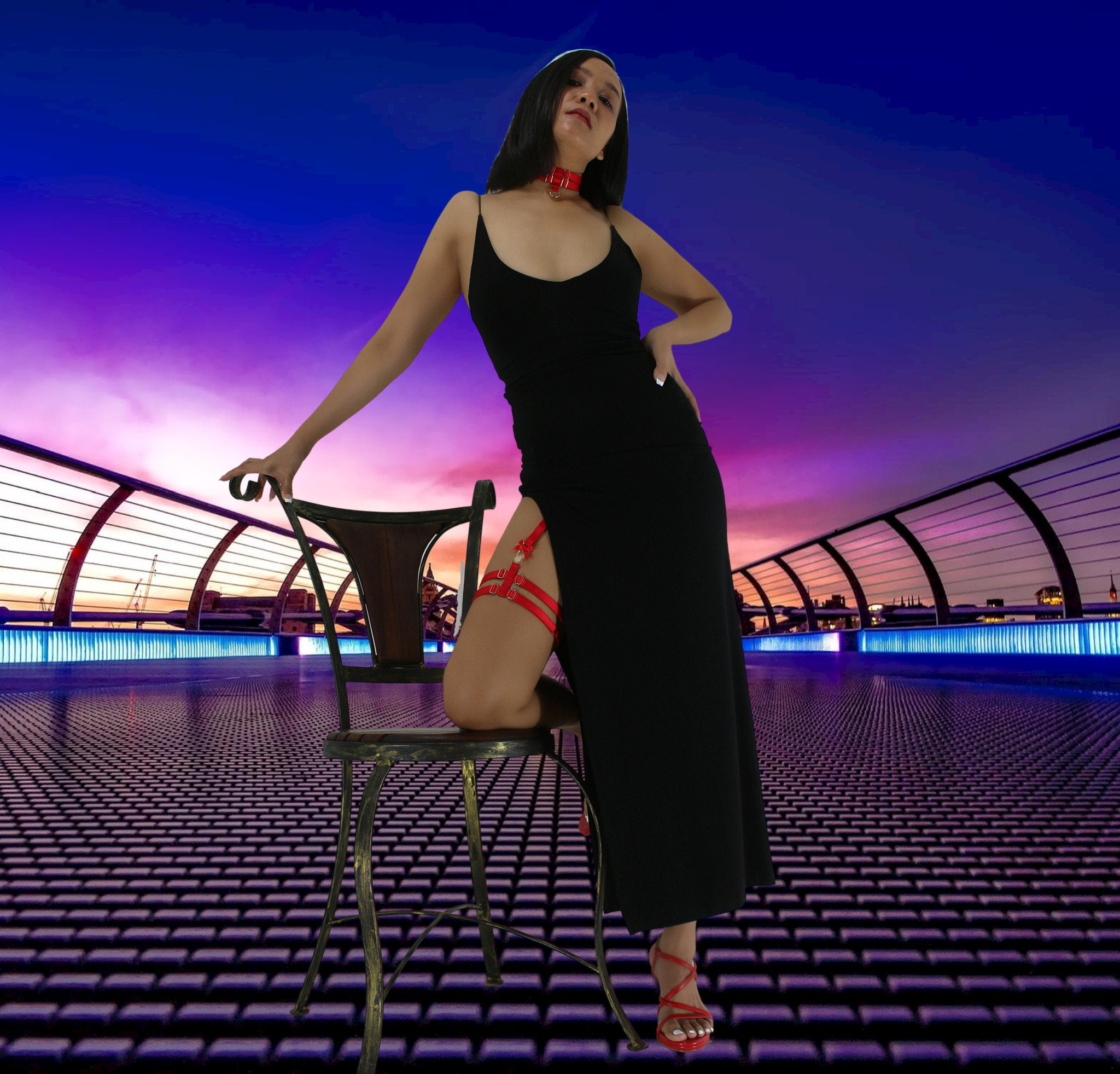 Body harness set in red with choker sexy lingerie bridal garter belt harness garter and suspender boudoir gift for her - Ange Déchu