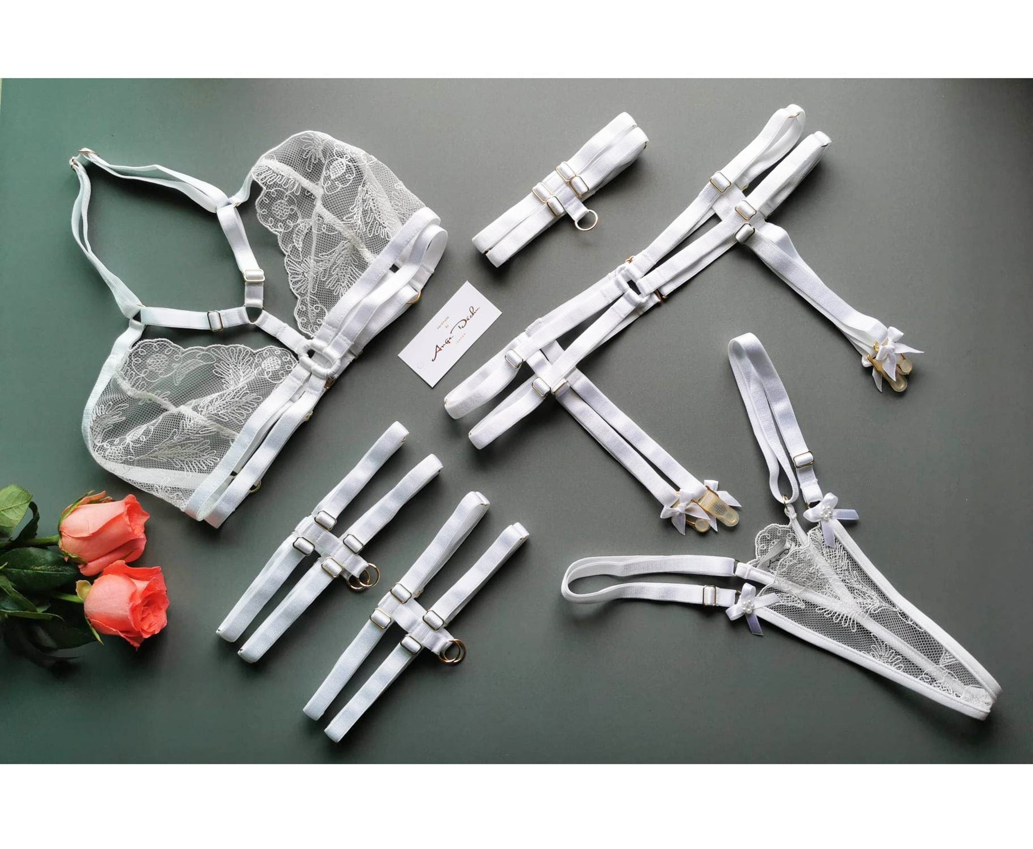 Bridal see through lingerie sexy white lace strappy body harness set with choker bra garter belt and garters see through panties g string - Ange Déchu