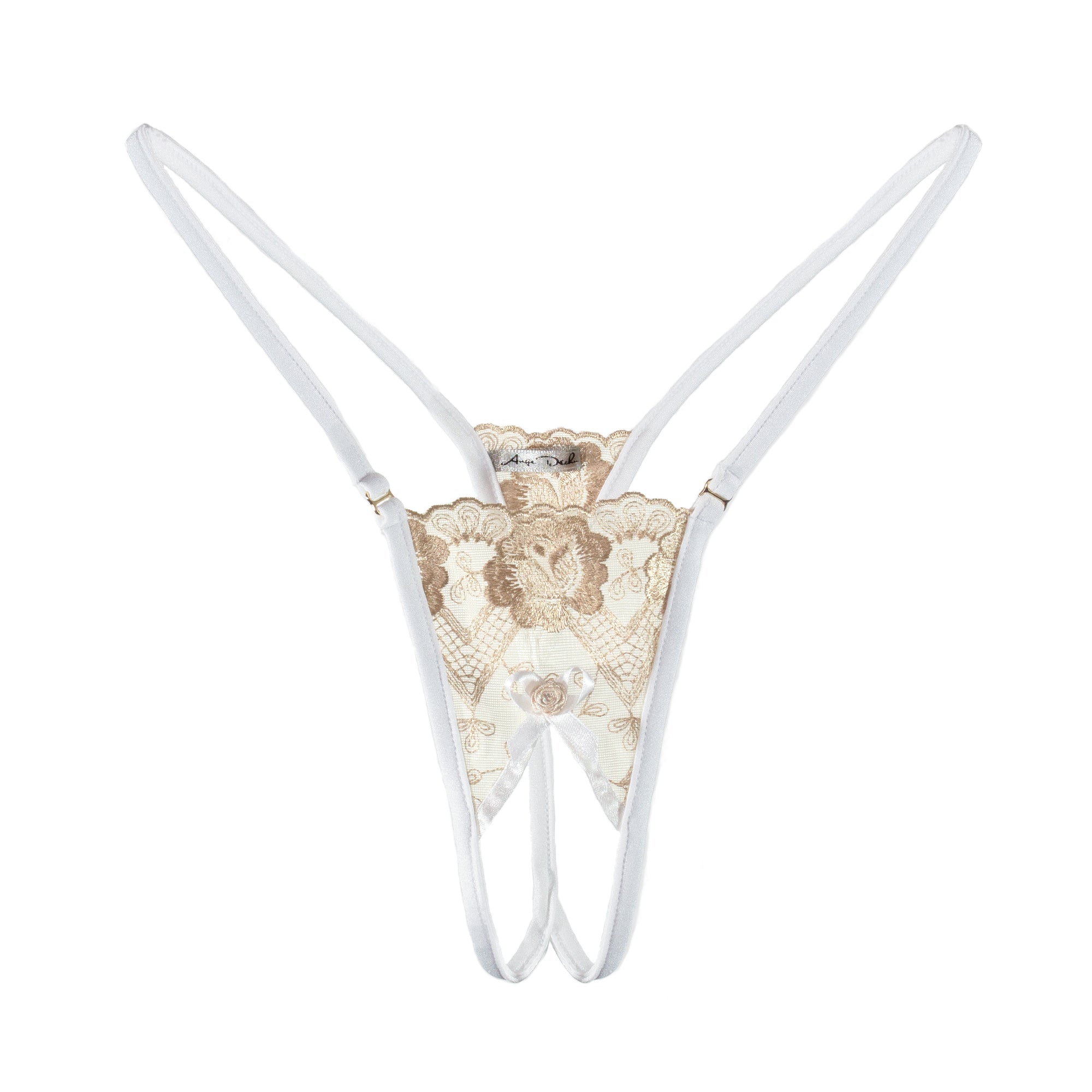 crotchless lingerie set G string panties and bra in see through gold and white lace sexy open crotch sheer boudoir lingerie - Ange Déchu