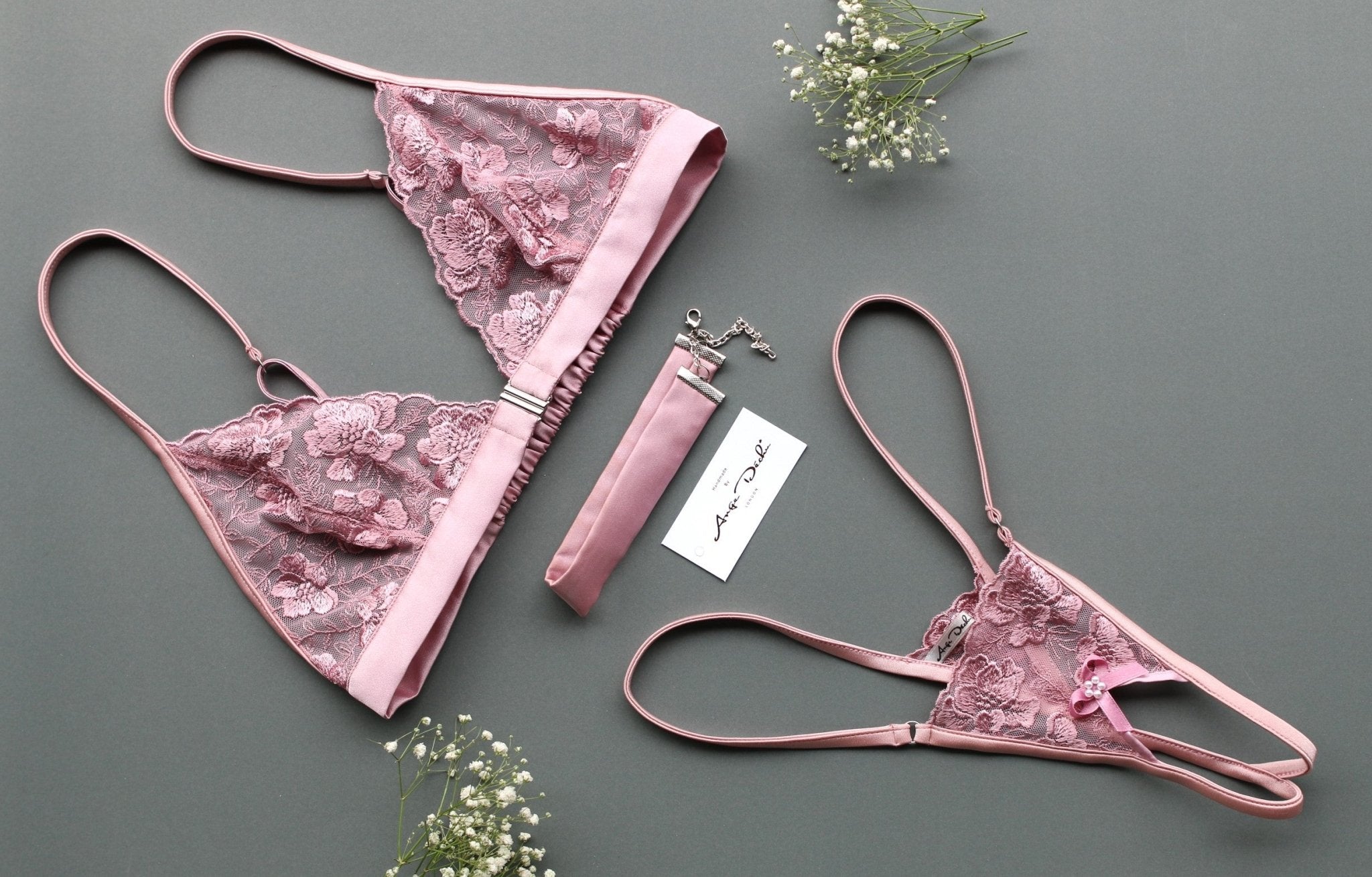 Crotchless lingerie set, G string panties bralette and choker in see through pink lace sexy sheer lingerie - Ange Déchu