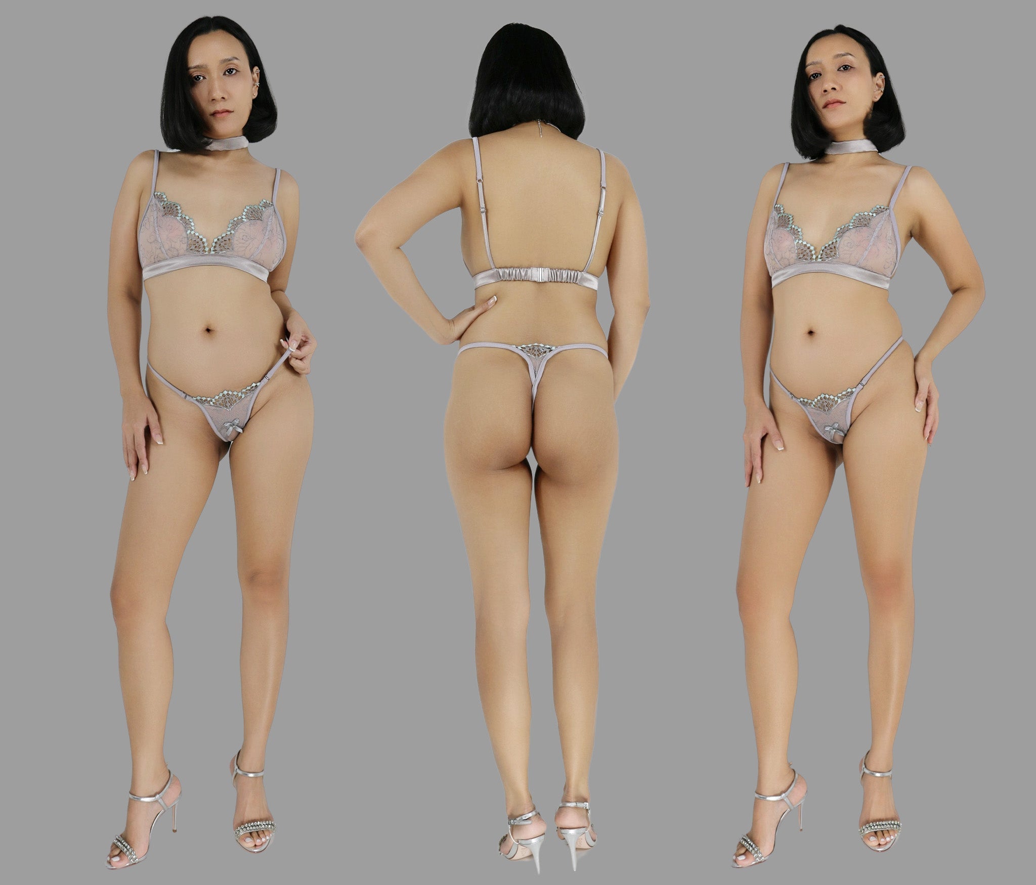 Crotchless lingerie set, G string panties bralette and choker in see through silver grey lace sexy sheer lingerie - Ange Déchu