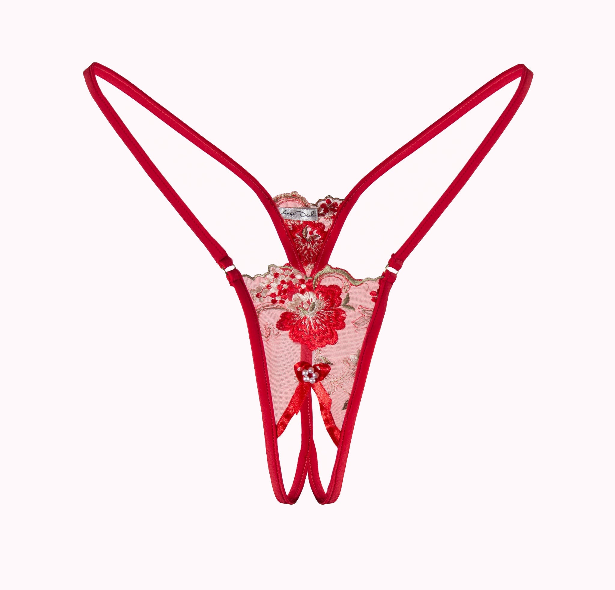 Crotchless see through panties sheer sexy g string thong open crotch gift for her in red lace hand made by Ange Dechu - Ange Déchu
