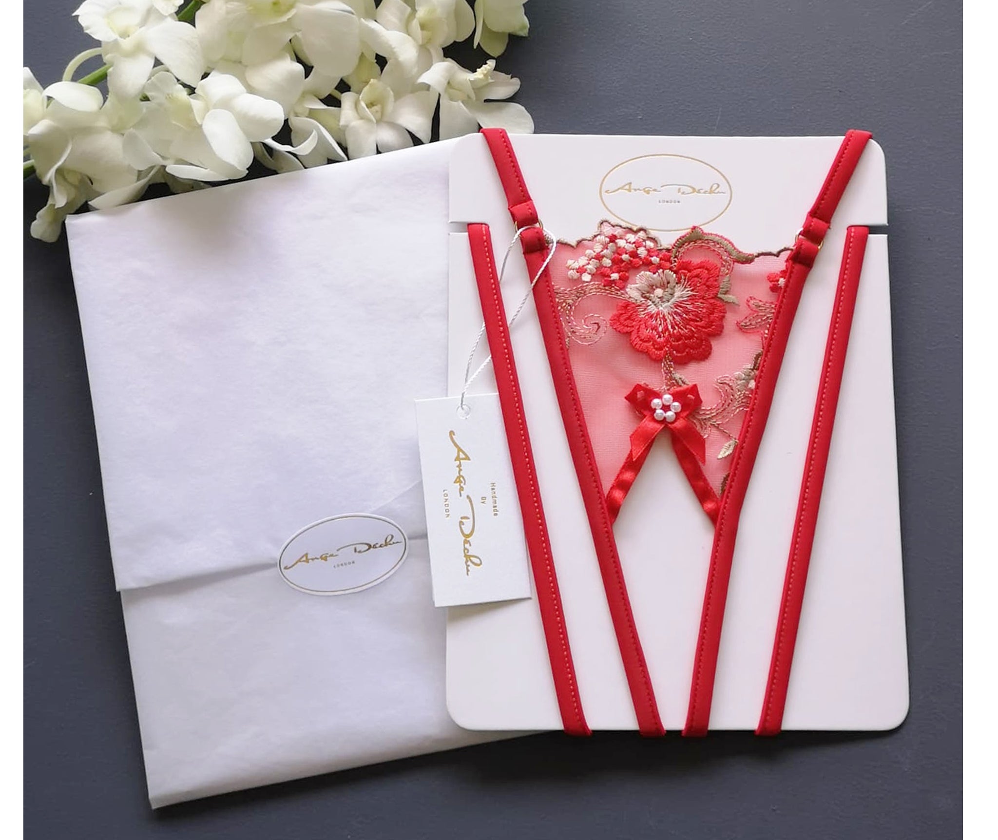 Crotchless see through panties sheer sexy g string thong open crotch gift for her in red lace hand made by Ange Dechu - Ange Déchu