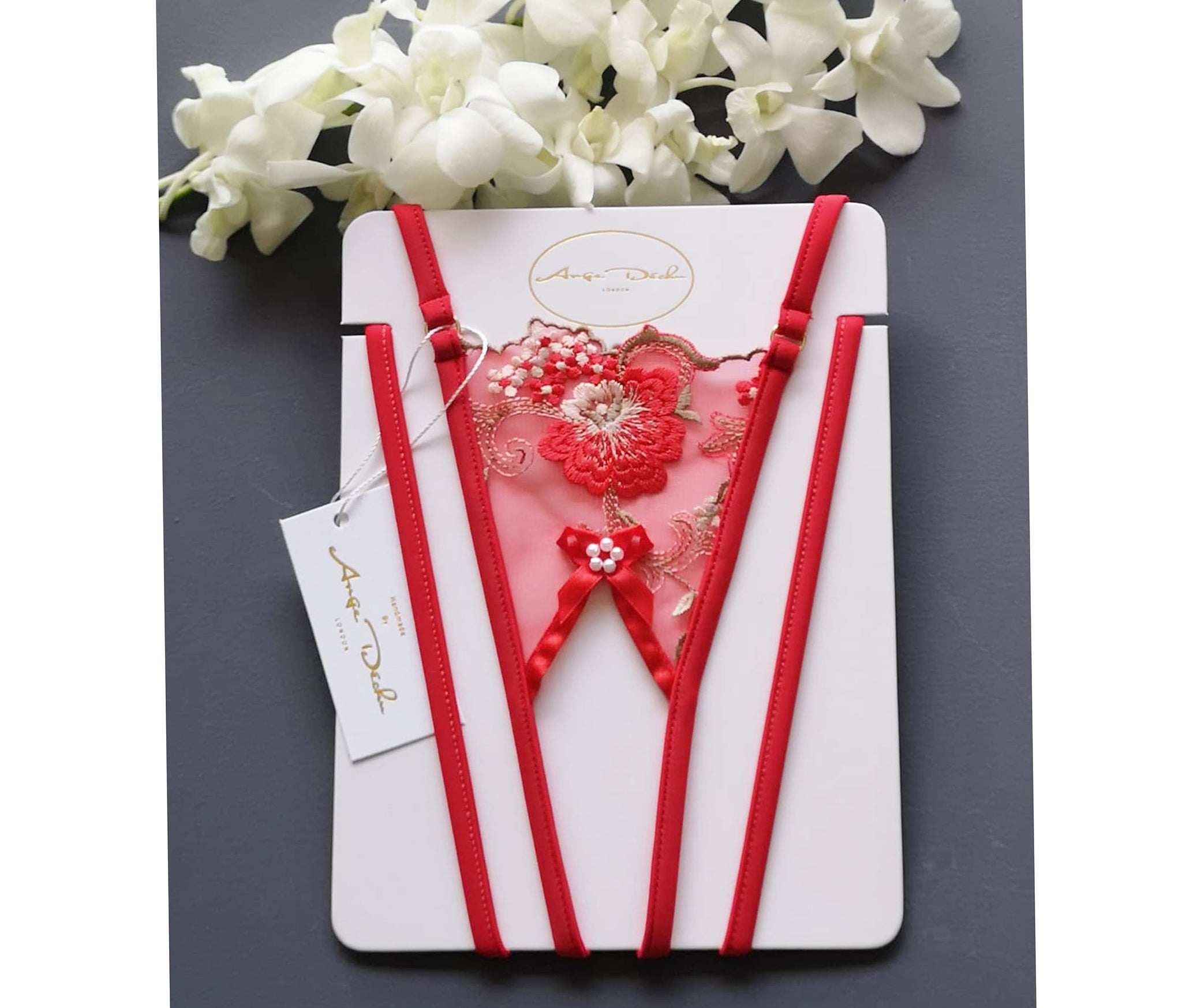 Crotchless see through panties sheer sexy g string thong open crotch gift for her in red lace hand made by Ange Dechu - Ange Déchu