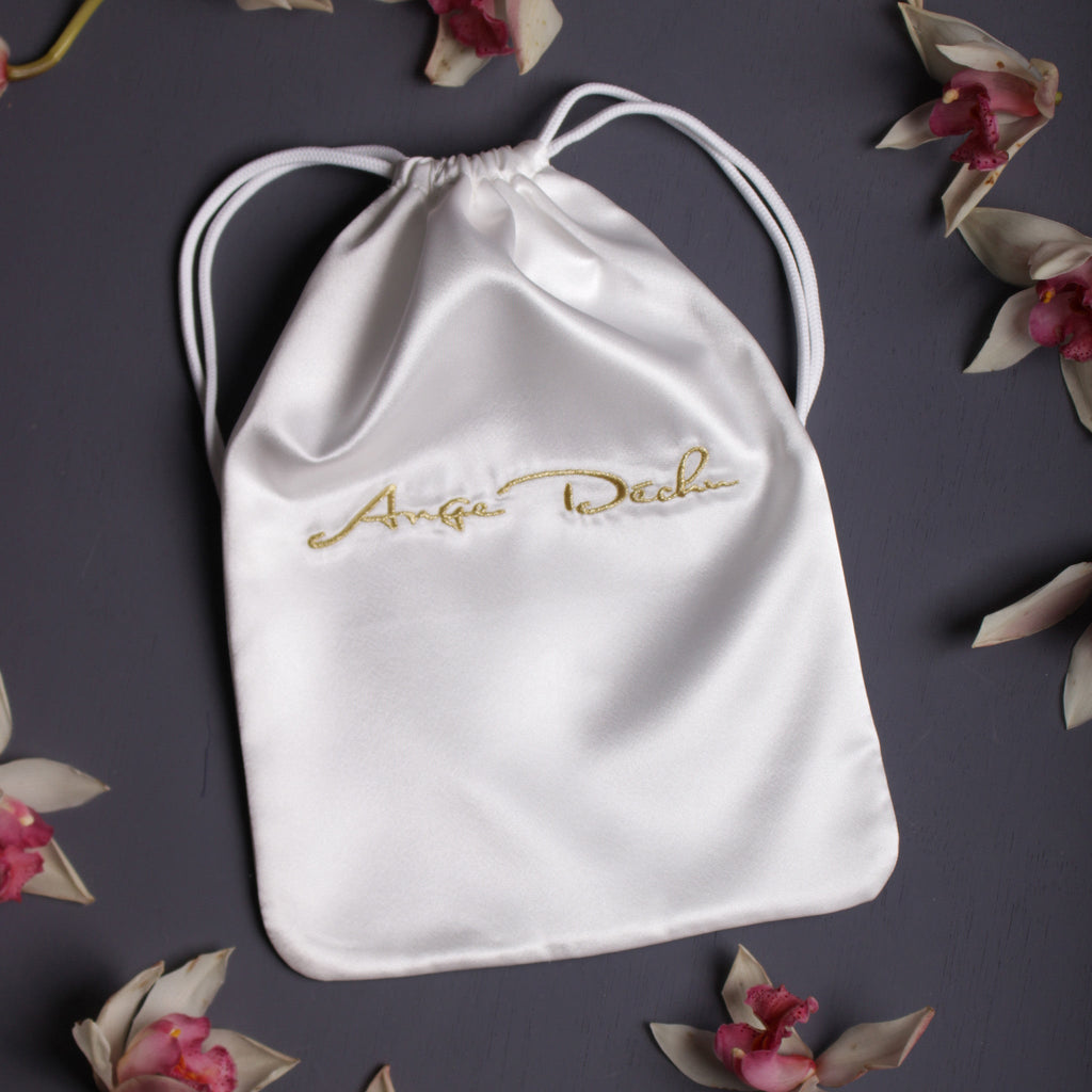 Embroidered satin bag, Lingerie white satin bag By Ange Déchu - Ange Déchu