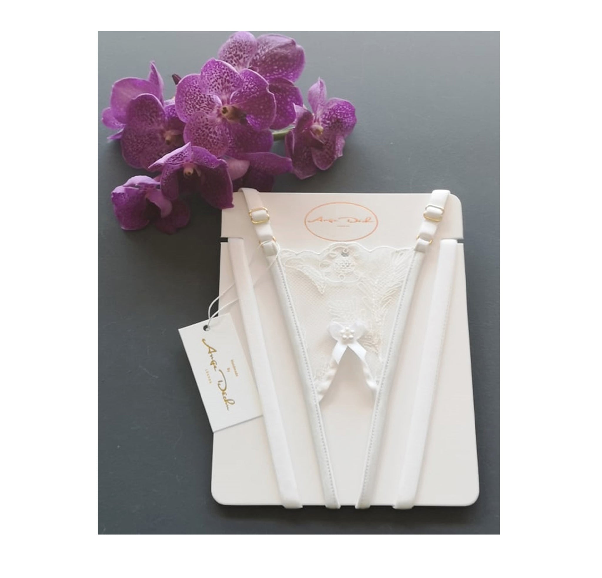 Erotic lingerie set with crotchless G string panties and bra in see through white lace sexy open crotch sheer boudoir lingerie - Ange Déchu