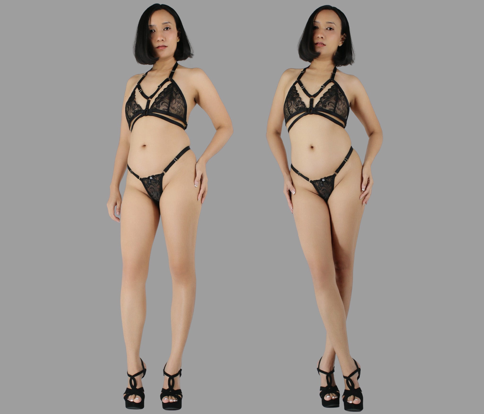 Erotic see through lingerie set sexy black lace strappy harness bra sheer adjustable panties g string - Ange Déchu