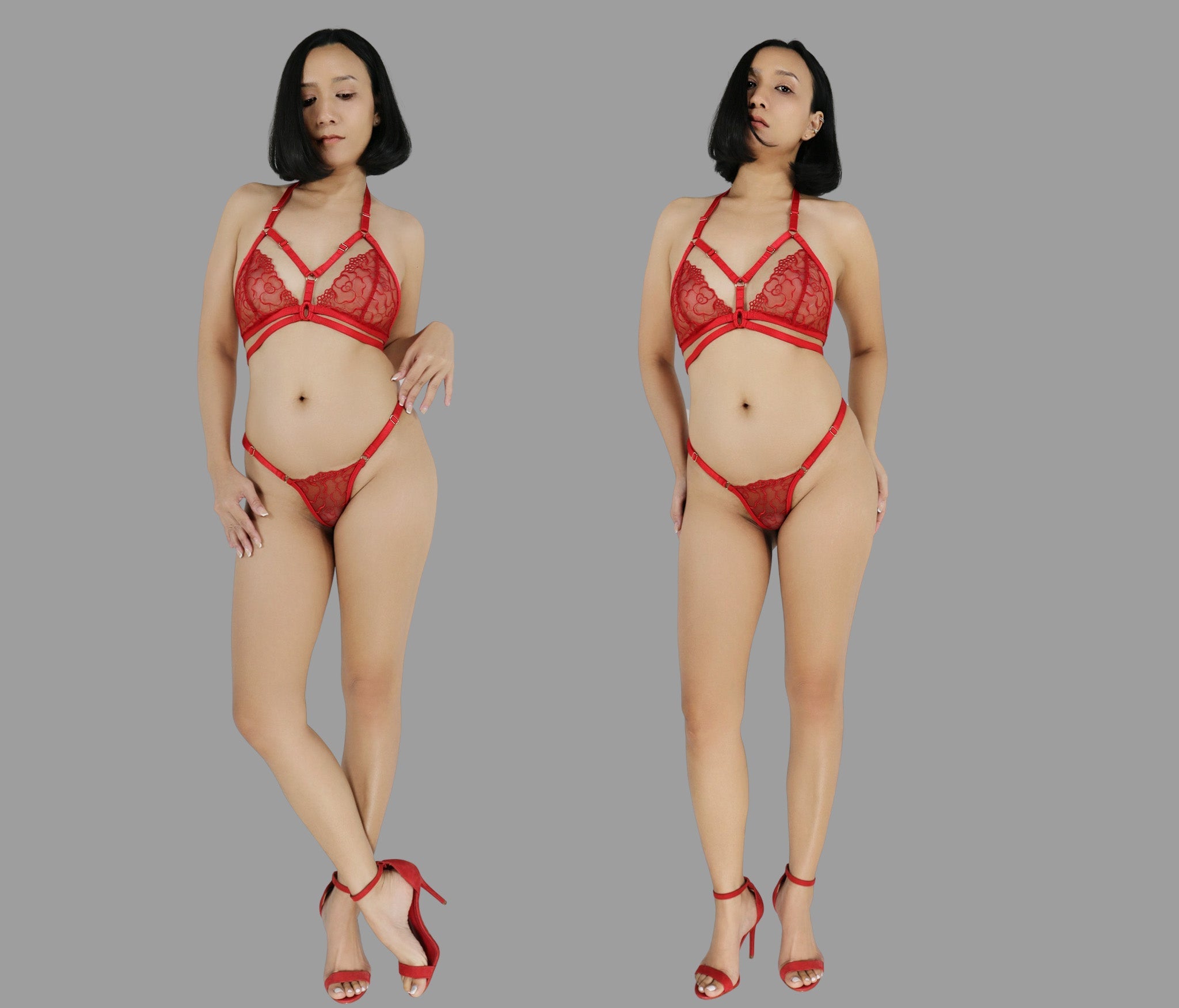 Erotic see through lingerie set sexy red lace strappy harness bra sheer adjustable panties g string - Ange Déchu