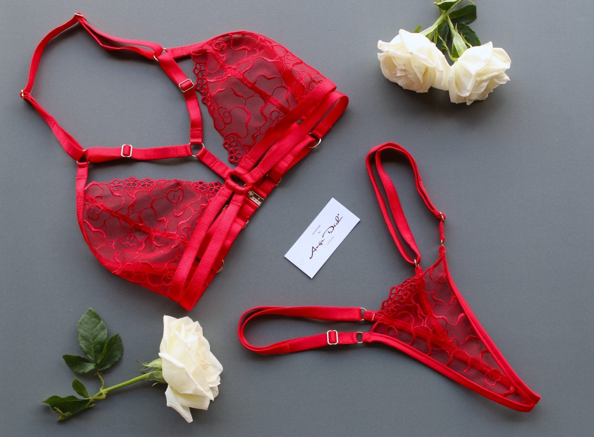 Erotic see through lingerie set sexy red lace strappy harness bra sheer adjustable panties g string - Ange Déchu
