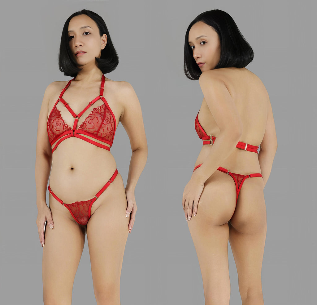 Erotic see through lingerie set sexy red lace strappy harness bra sheer adjustable panties g string - Ange Déchu