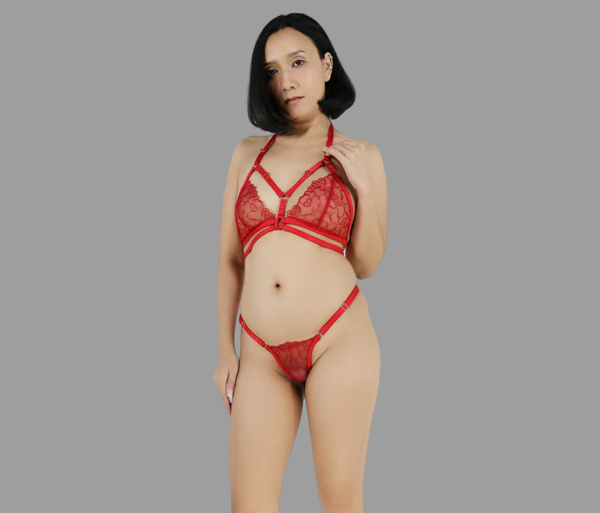 Erotic see through lingerie set sexy red lace strappy harness bra sheer adjustable panties g string - Ange Déchu