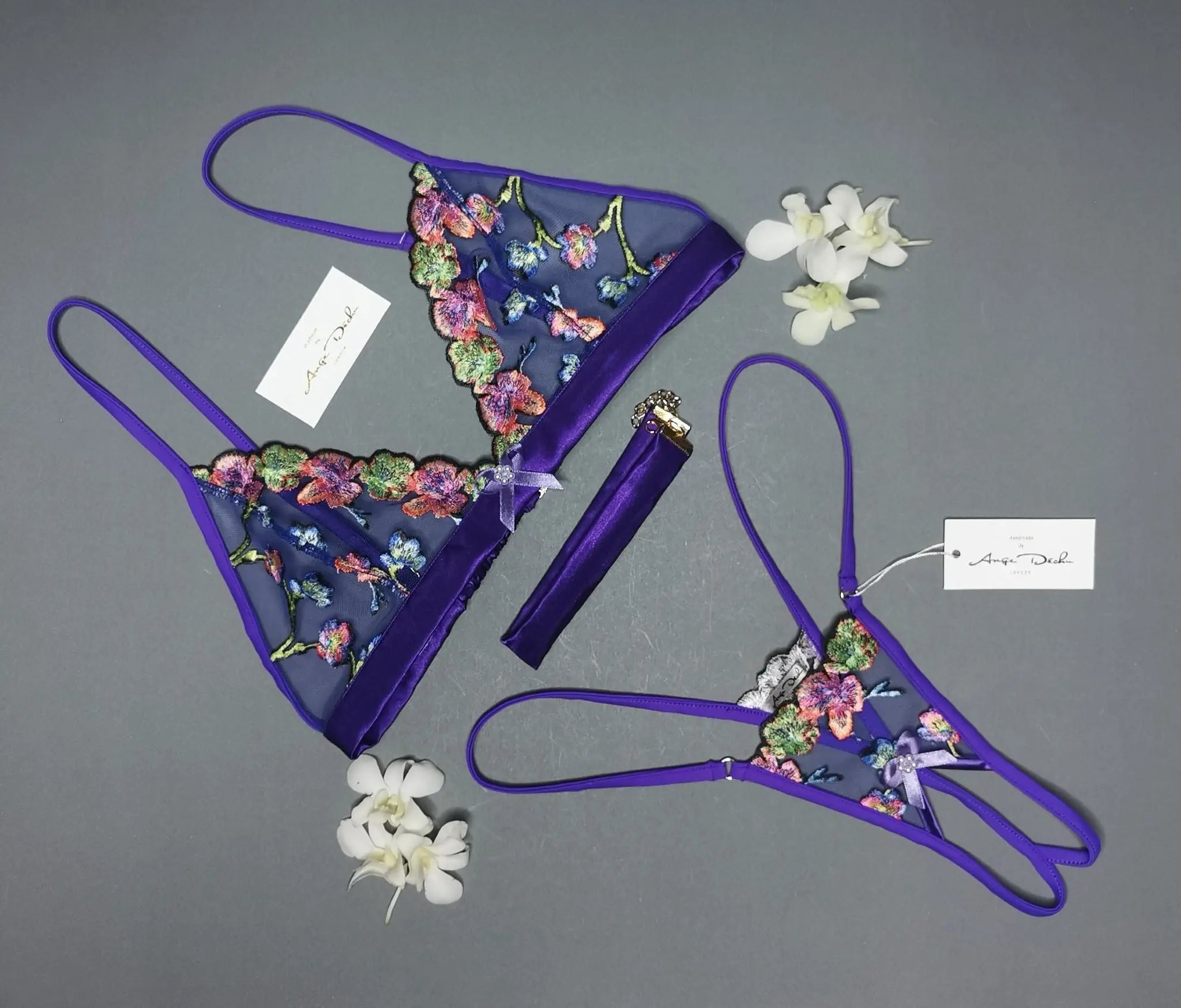 Girlfriend lingerie gift set with crotchless G string panties see through tulle bralette very sexy - Ange Déchu