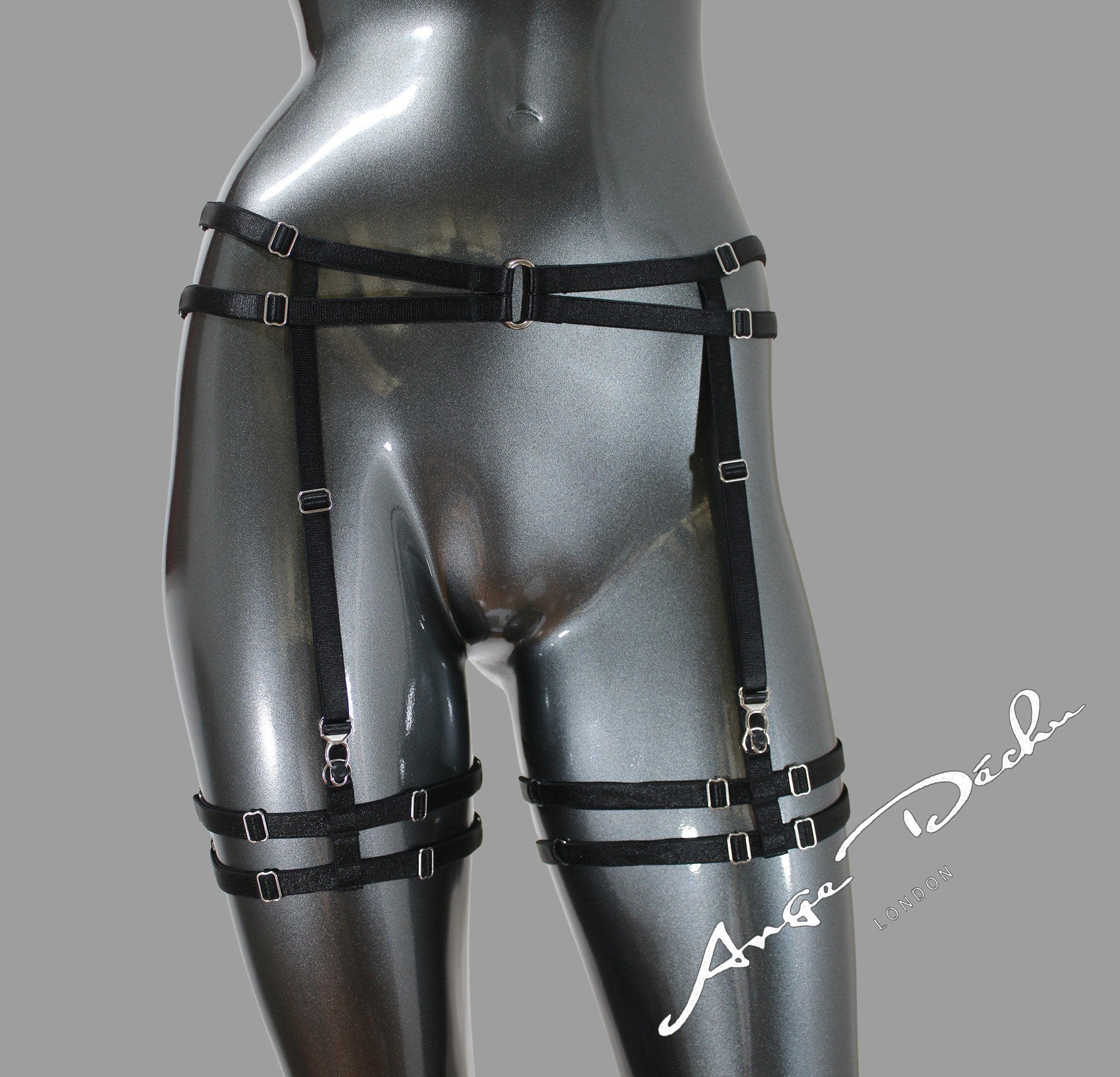 Goth body harness set black choker collar lingerie sexy punk harness garter belt suspender for boudoir - Ange Déchu