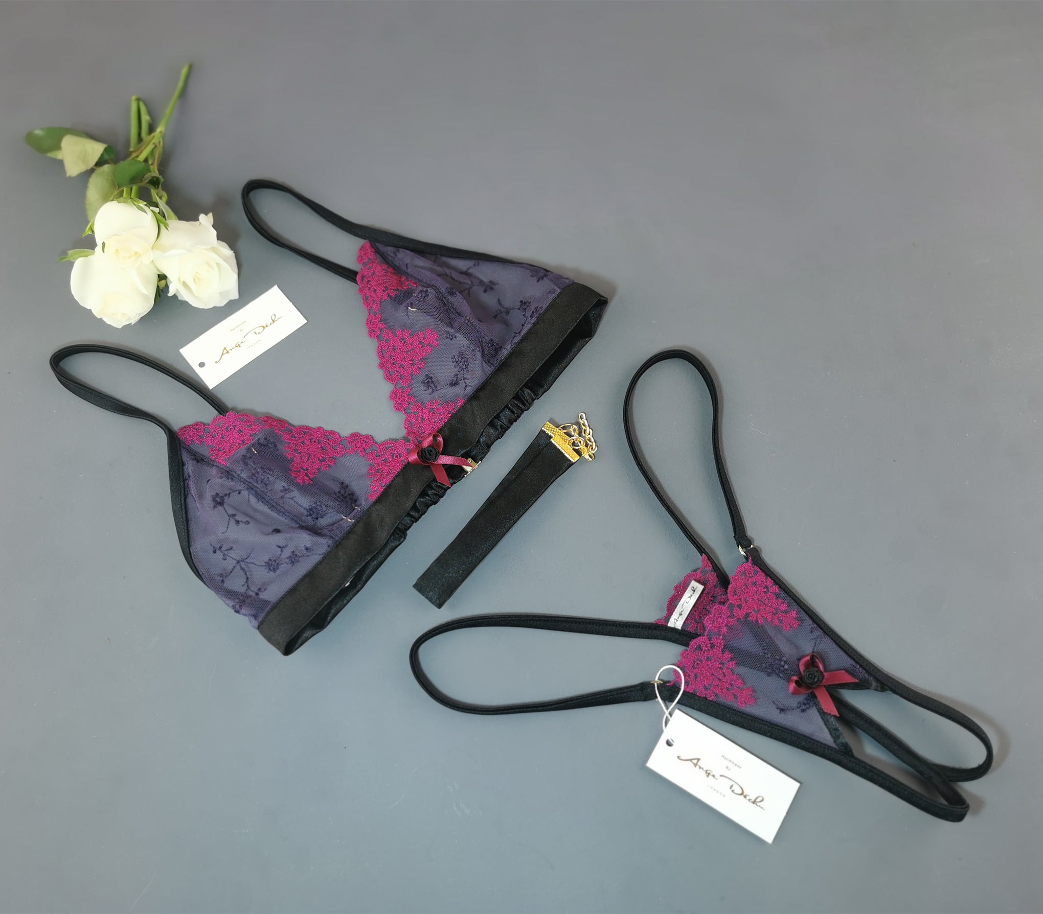 lingerie set with crotchless G string panties and bra in see through black and purple lace sexy open crotch sheer boudoir lingerie - Ange Déchu