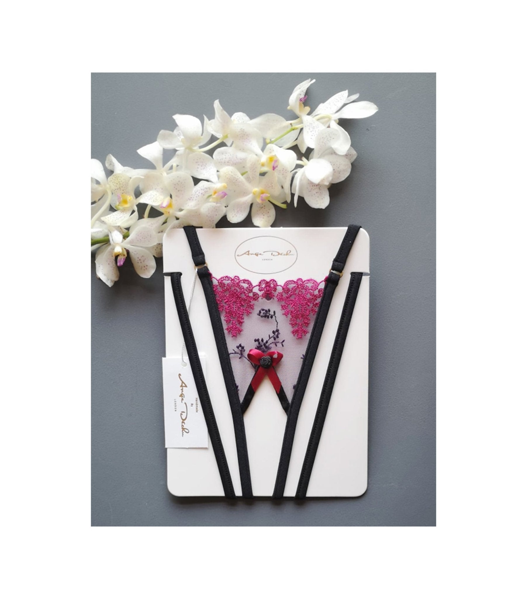 lingerie set with crotchless G string panties and bra in see through black and purple lace sexy open crotch sheer boudoir lingerie - Ange Déchu