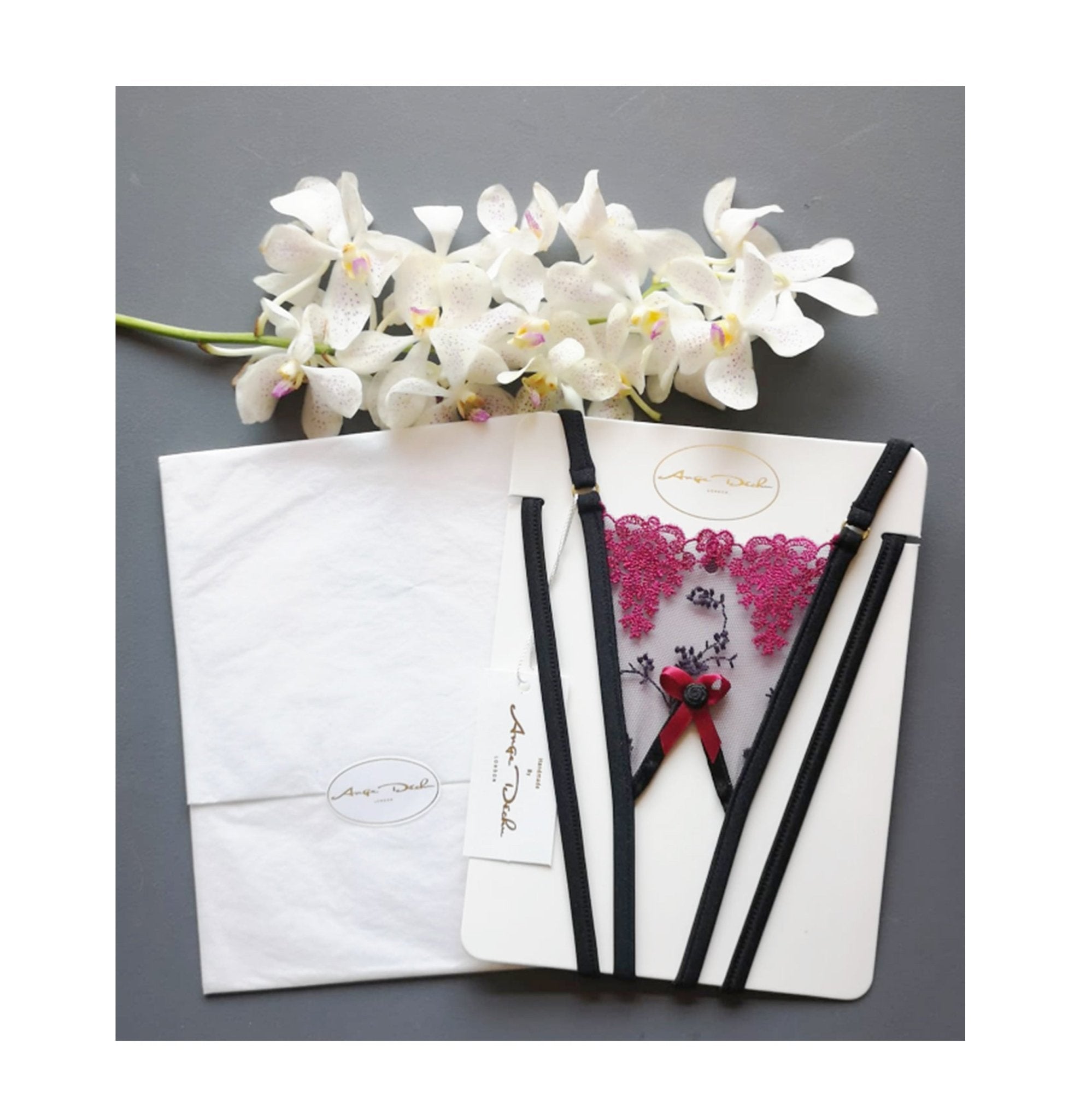 lingerie set with crotchless G string panties and bra in see through black and purple lace sexy open crotch sheer boudoir lingerie - Ange Déchu