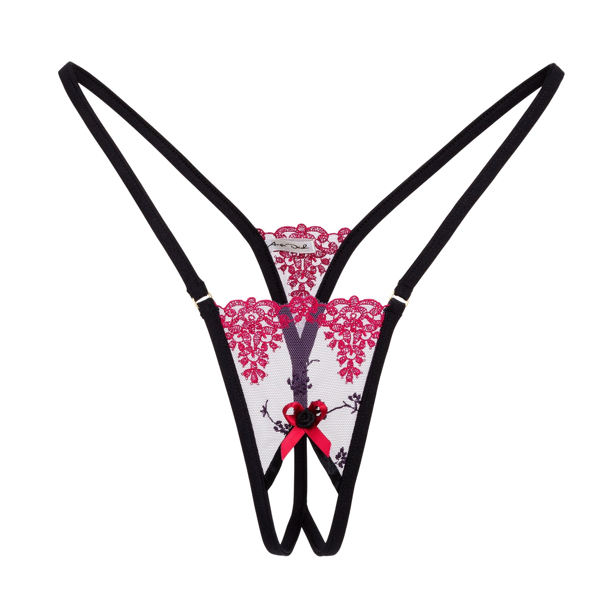 lingerie set with crotchless G string panties and bra in see through black and purple lace sexy open crotch sheer boudoir lingerie - Ange Déchu