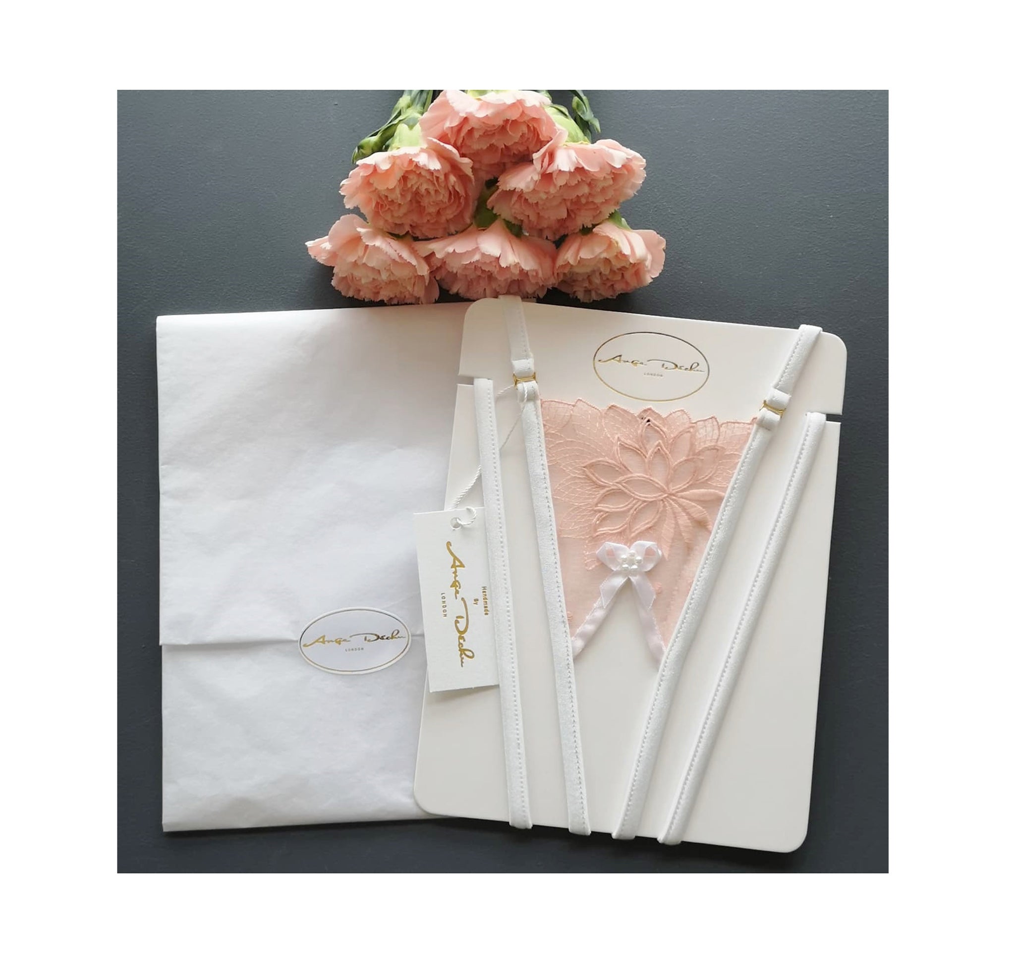 lingerie set with crotchless G string panties in see through peach lace sexy sheer bridal boudoir lingerie - Ange Déchu