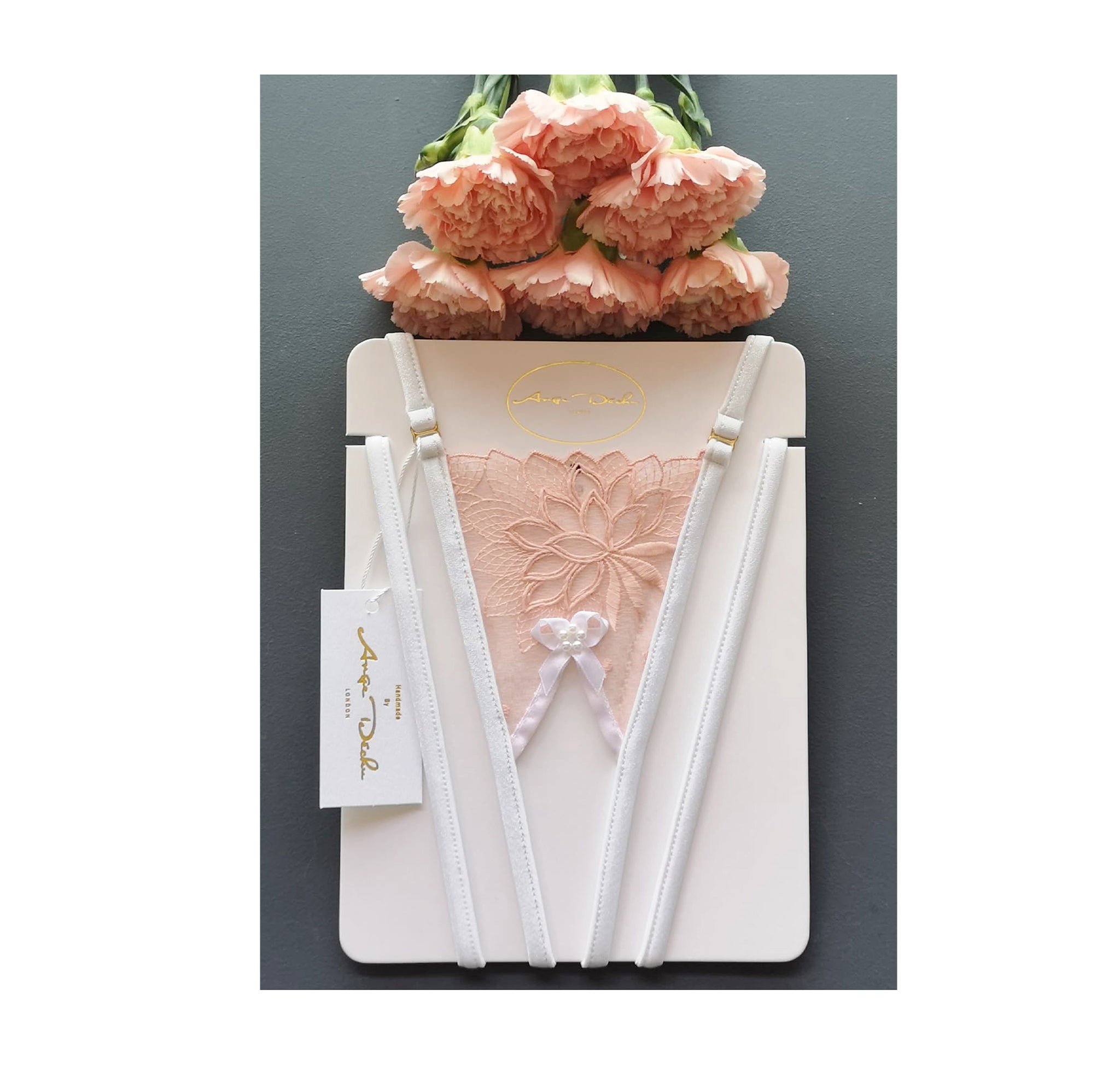 lingerie set with crotchless G string panties in see through peach lace sexy sheer bridal boudoir lingerie - Ange Déchu