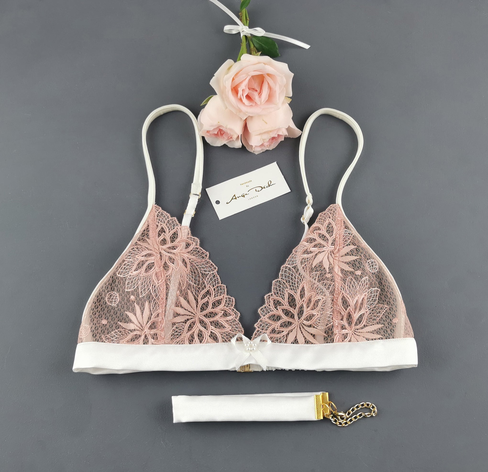 lingerie set with crotchless G string panties in see through peach lace sexy sheer bridal boudoir lingerie - Ange Déchu