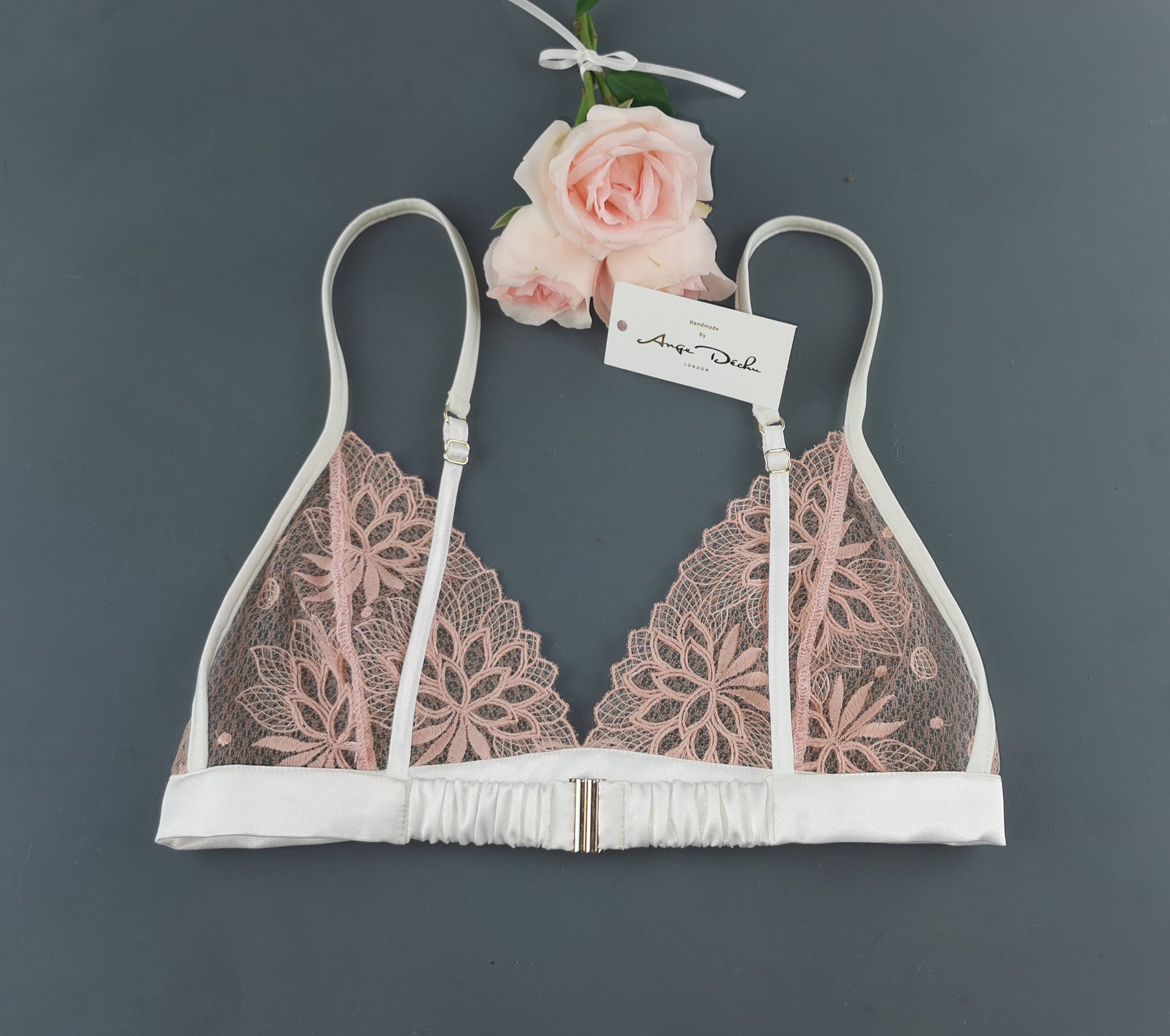 lingerie set with crotchless G string panties in see through peach lace sexy sheer bridal boudoir lingerie - Ange Déchu