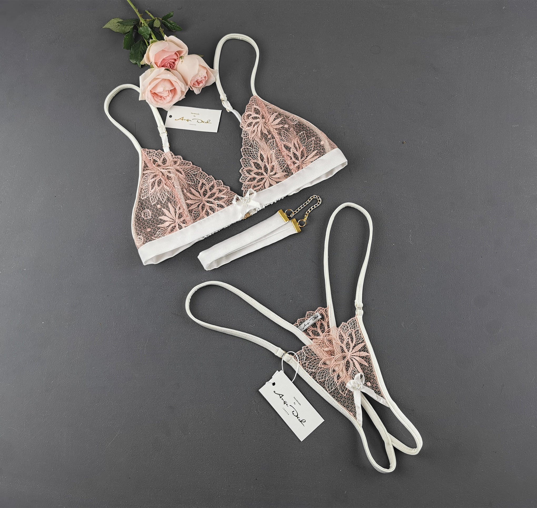 lingerie set with crotchless G string panties in see through peach lace sexy sheer bridal boudoir lingerie - Ange Déchu