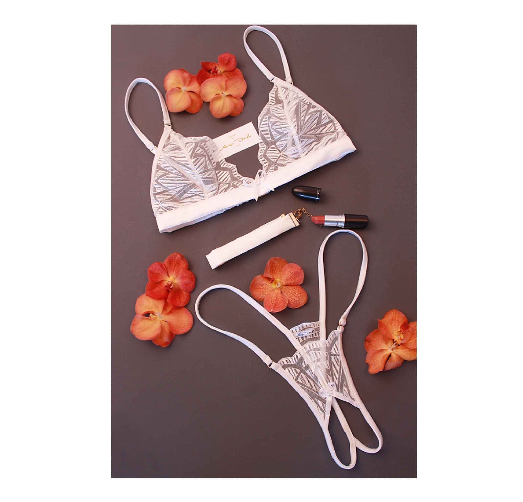 lingerie set with crotchless G string panties in see through white lace sexy sheer bridal boudoir lingerie - Ange Déchu