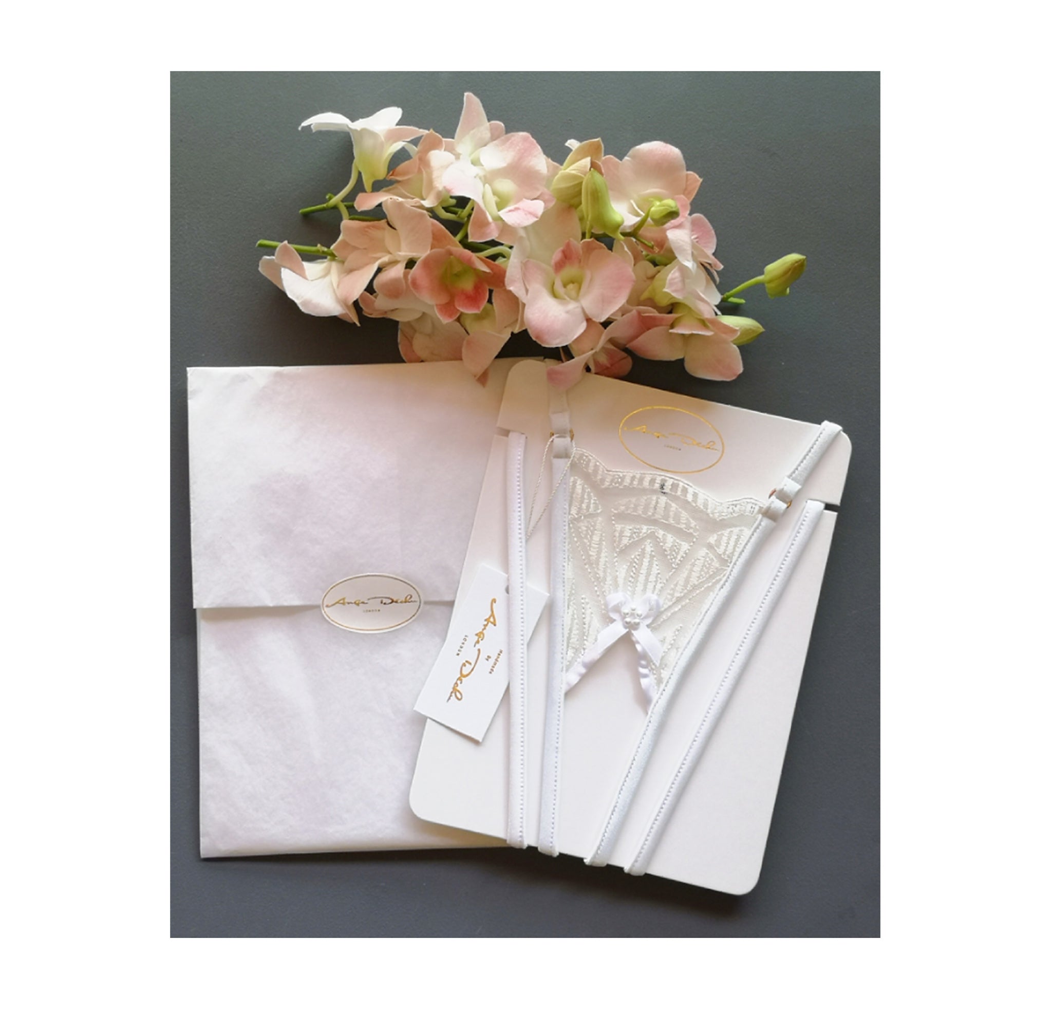 lingerie set with crotchless G string panties in see through white lace sexy sheer bridal boudoir lingerie - Ange Déchu