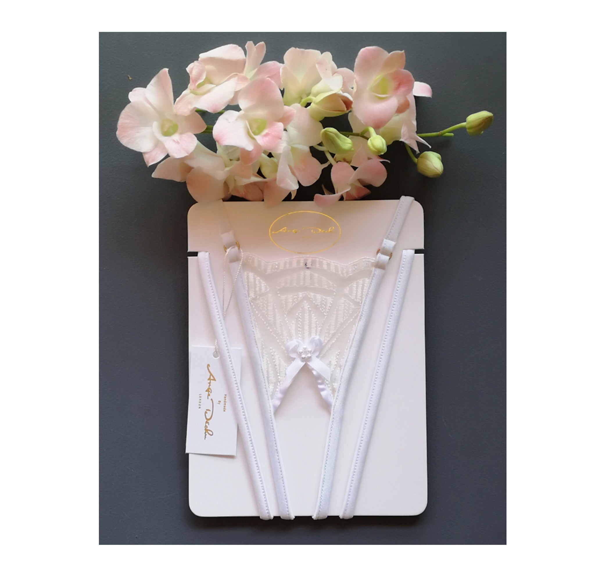 lingerie set with crotchless G string panties in see through white lace sexy sheer bridal boudoir lingerie - Ange Déchu