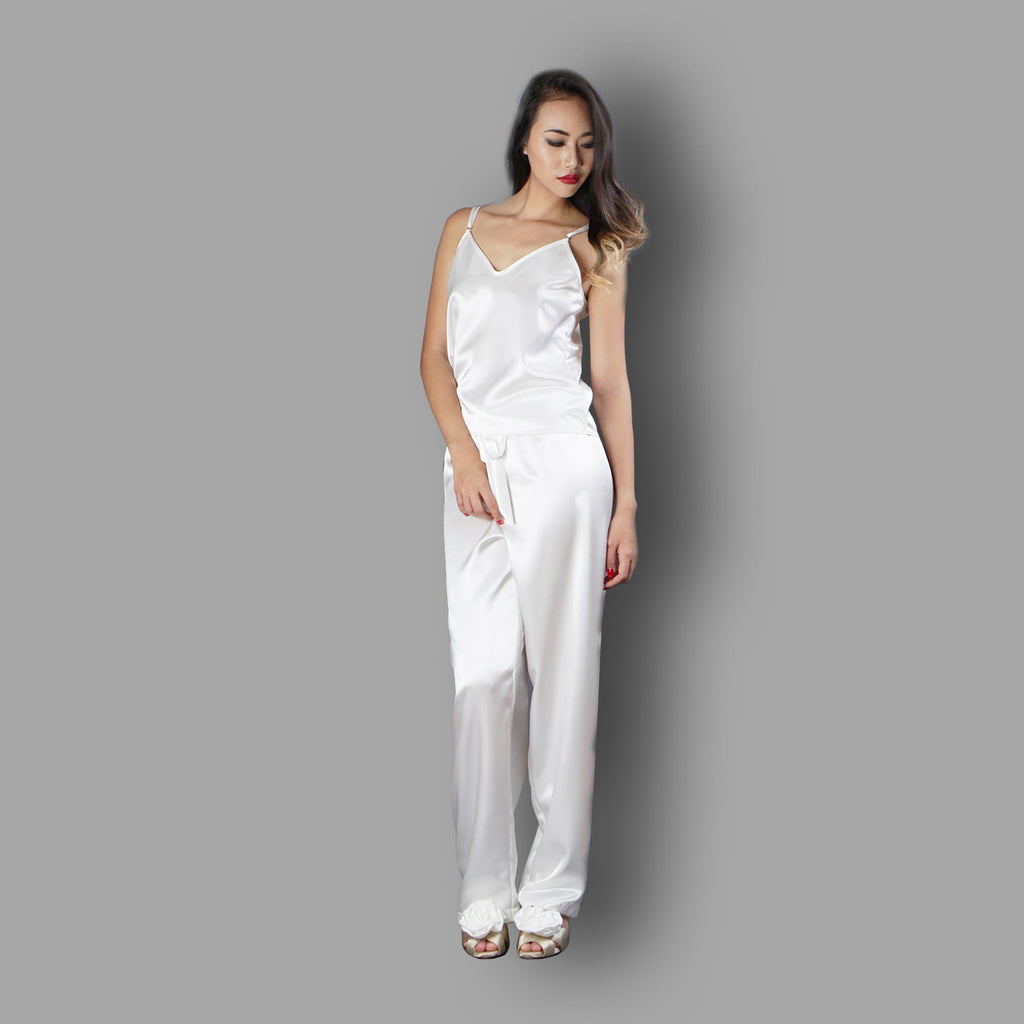 Luxury white satin pajama set bridal nightwear sleepwear loungewear handmade by Ange Dechu - Ange Déchu