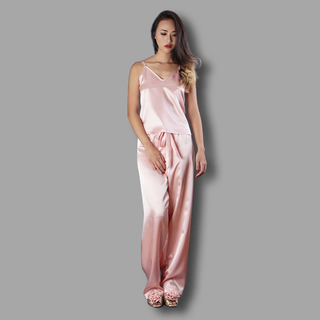 Satin pajama luxury nightwear loungewear sleepwear handmade in peach satin by Ange Dechu - Ange Déchu