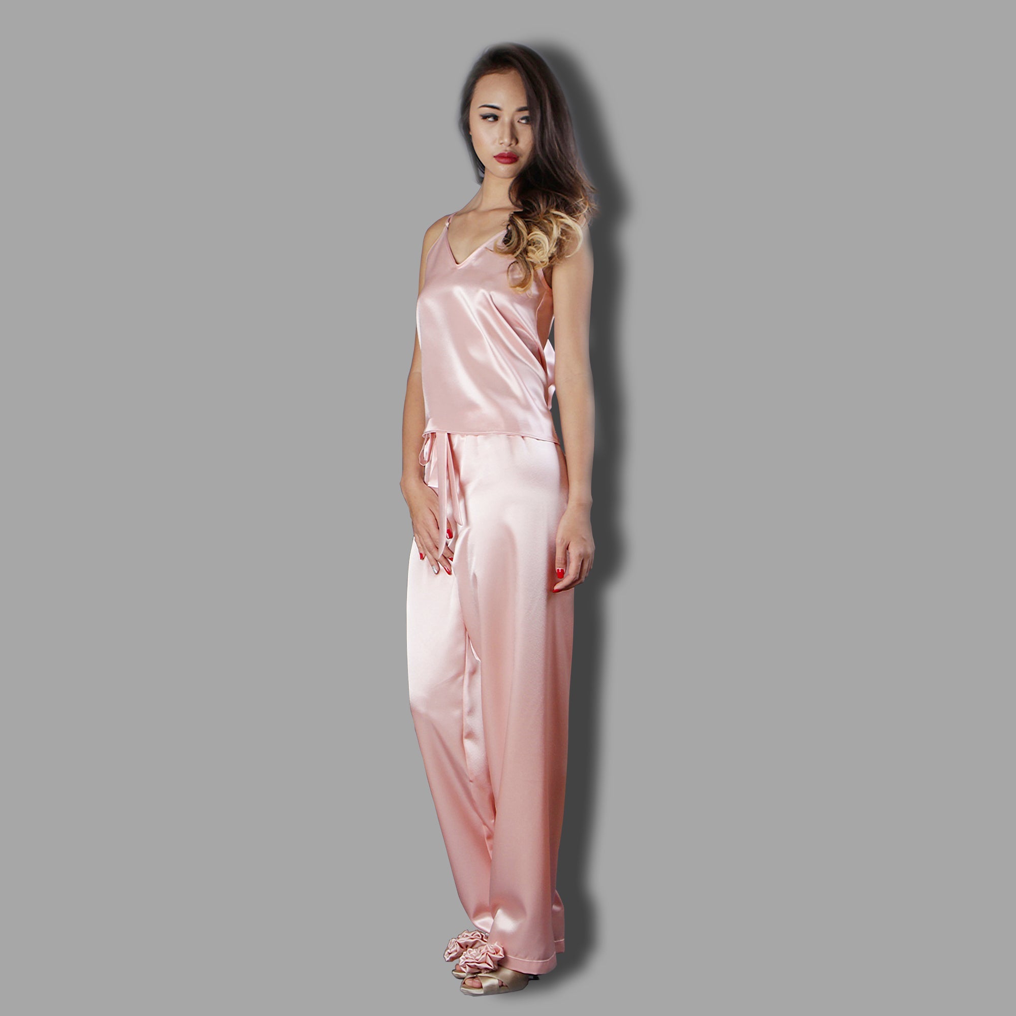 Satin pajama luxury nightwear loungewear sleepwear handmade in peach satin by Ange Dechu - Ange Déchu