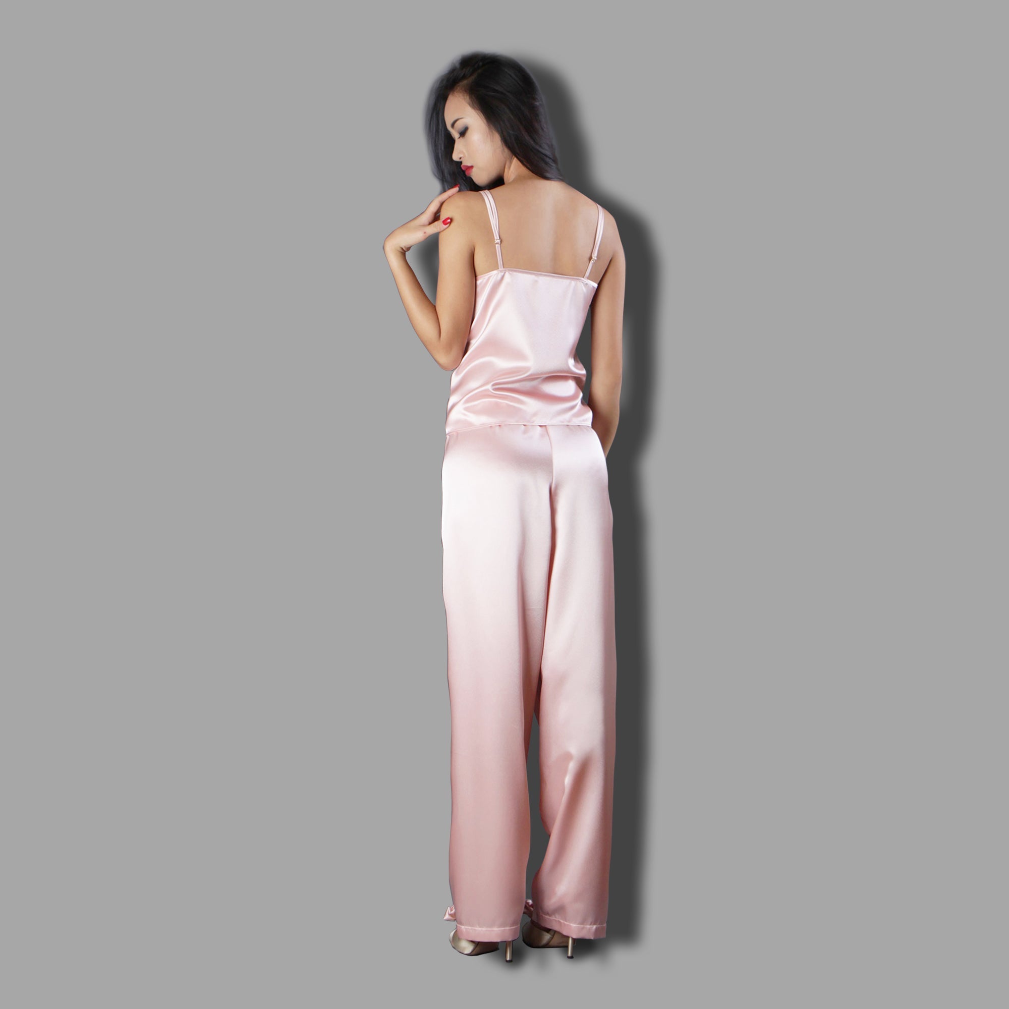 Satin pajama luxury nightwear loungewear sleepwear handmade in peach satin by Ange Dechu - Ange Déchu
