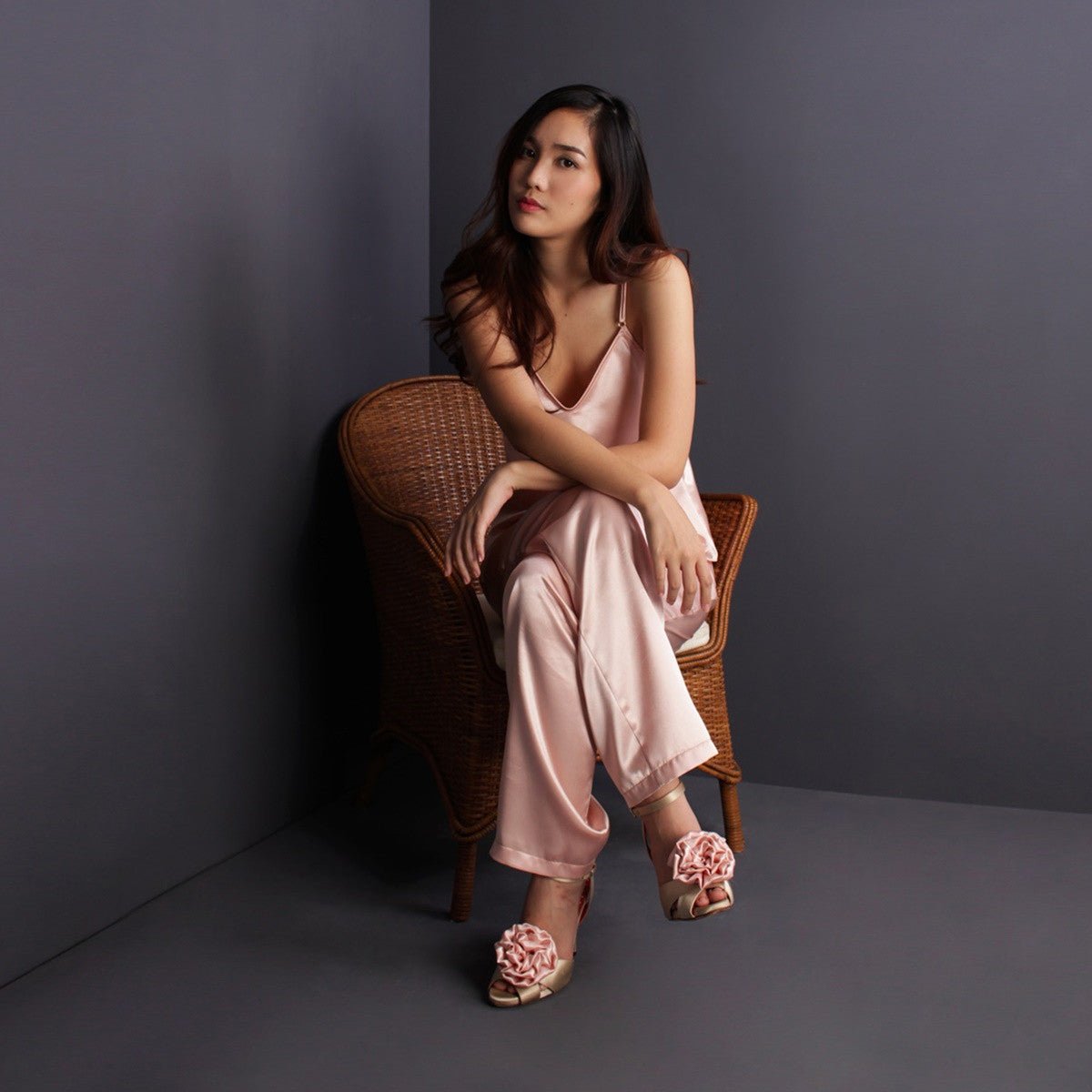 Satin pajama luxury nightwear loungewear sleepwear handmade in peach satin by Ange Dechu - Ange Déchu