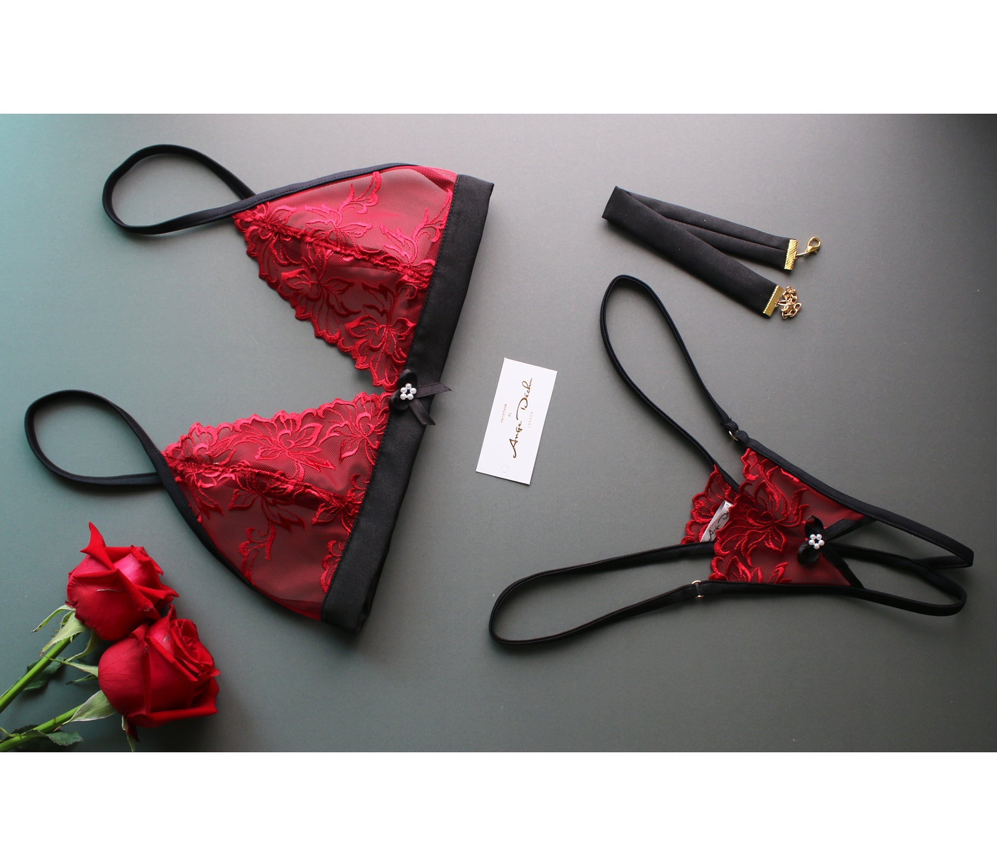 See through lingerie set with crotchless G string panties in red lace with black trim sexy sheer boudoir lingerie - Ange Déchu