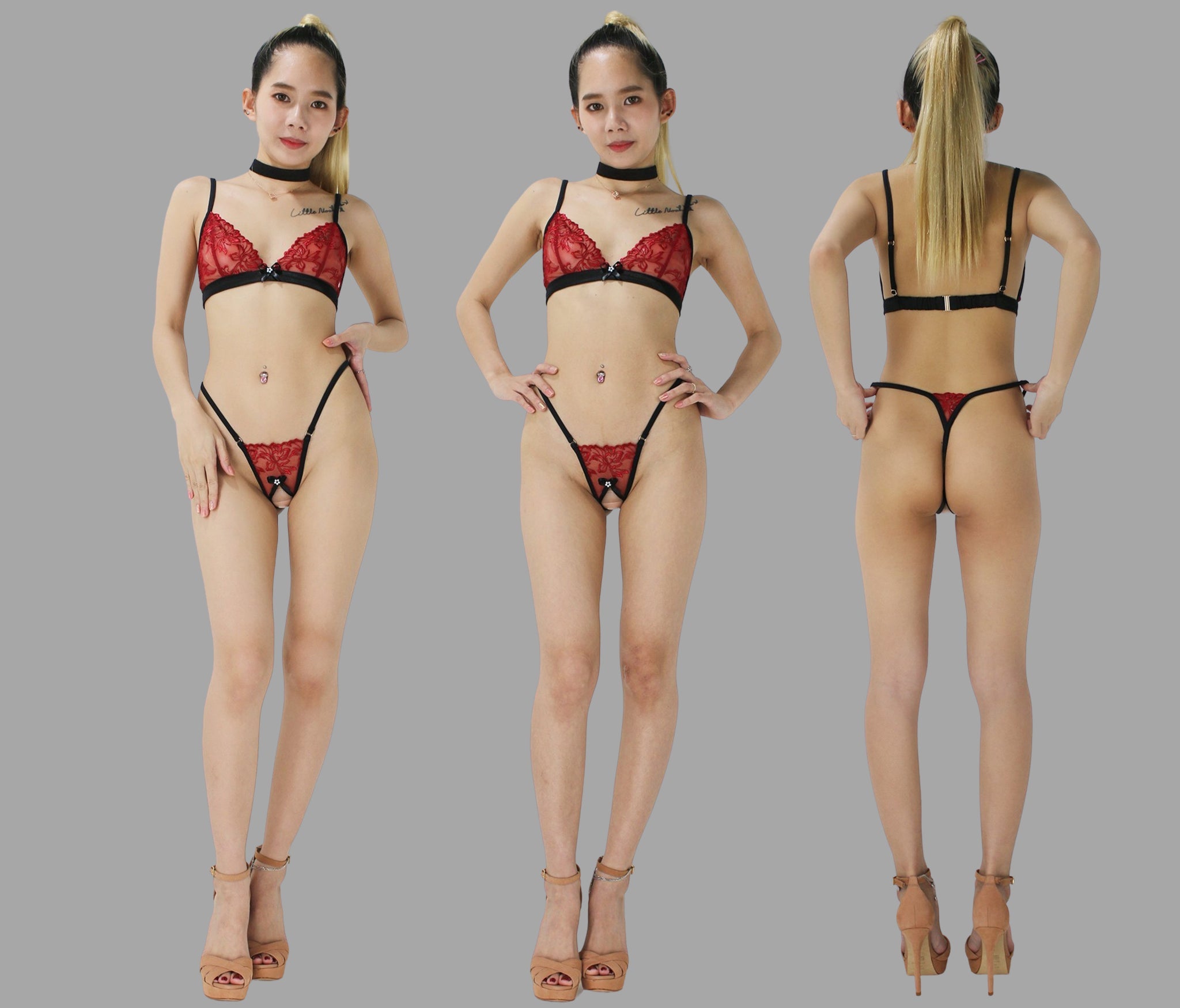 See through lingerie set with crotchless G string panties in red lace with black trim sexy sheer boudoir lingerie - Ange Déchu