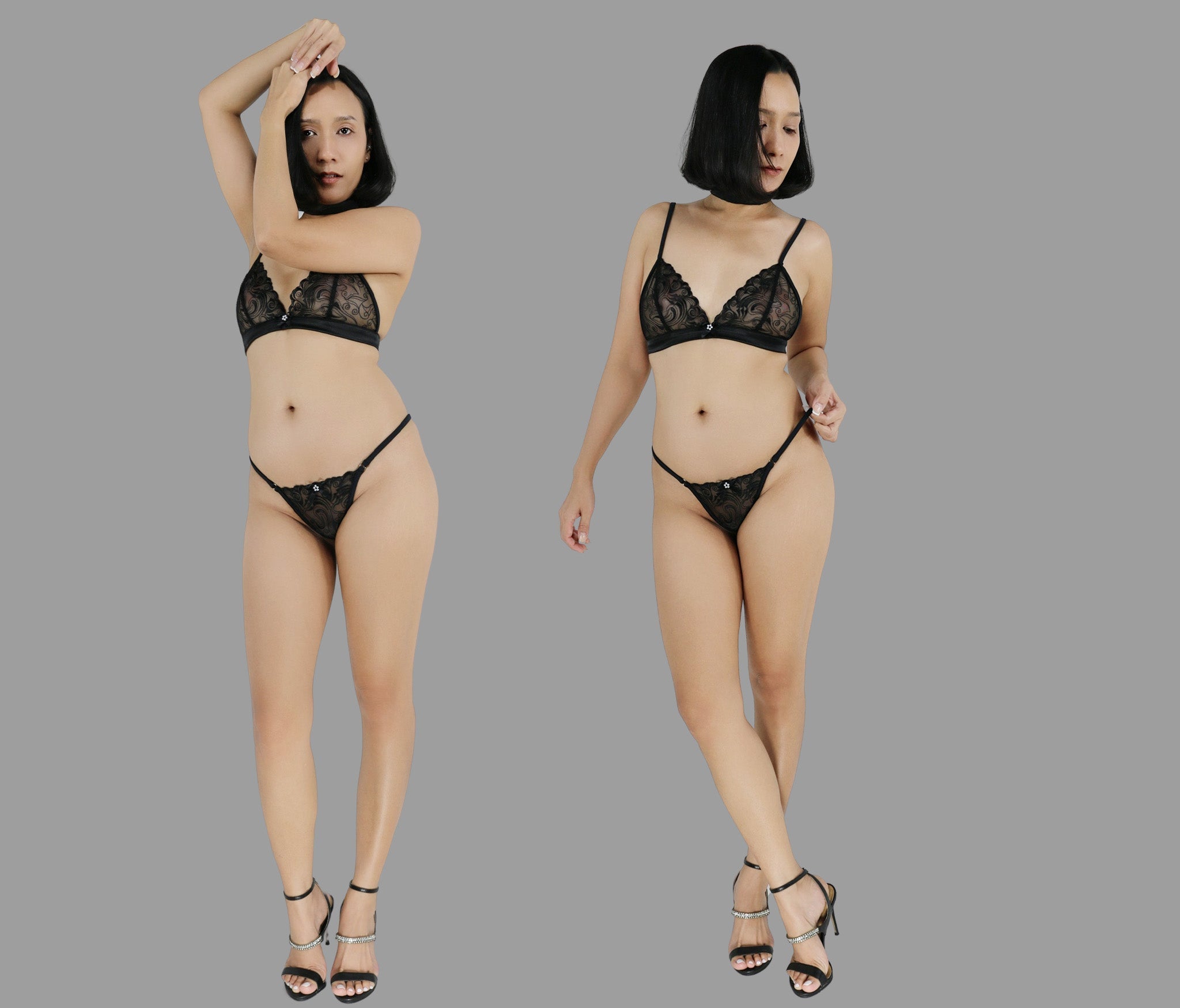 See through lingerie set with G string panties in black lace with black trim sexy sheer boudoir lingerie - Ange Déchu