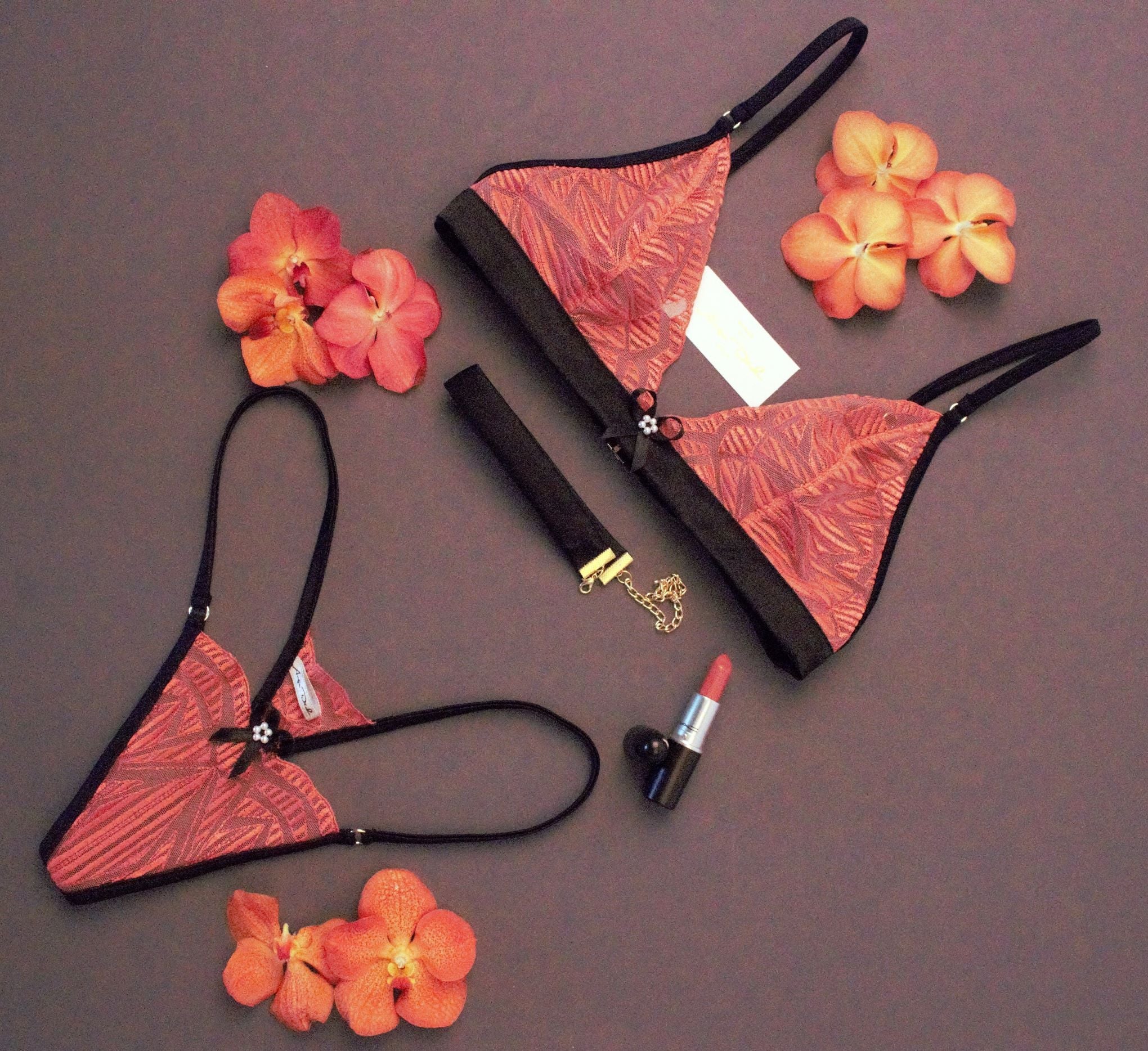 See through lingerie set with G string panties in coral lace sexy sheer boudoir lingerie - Ange Déchu