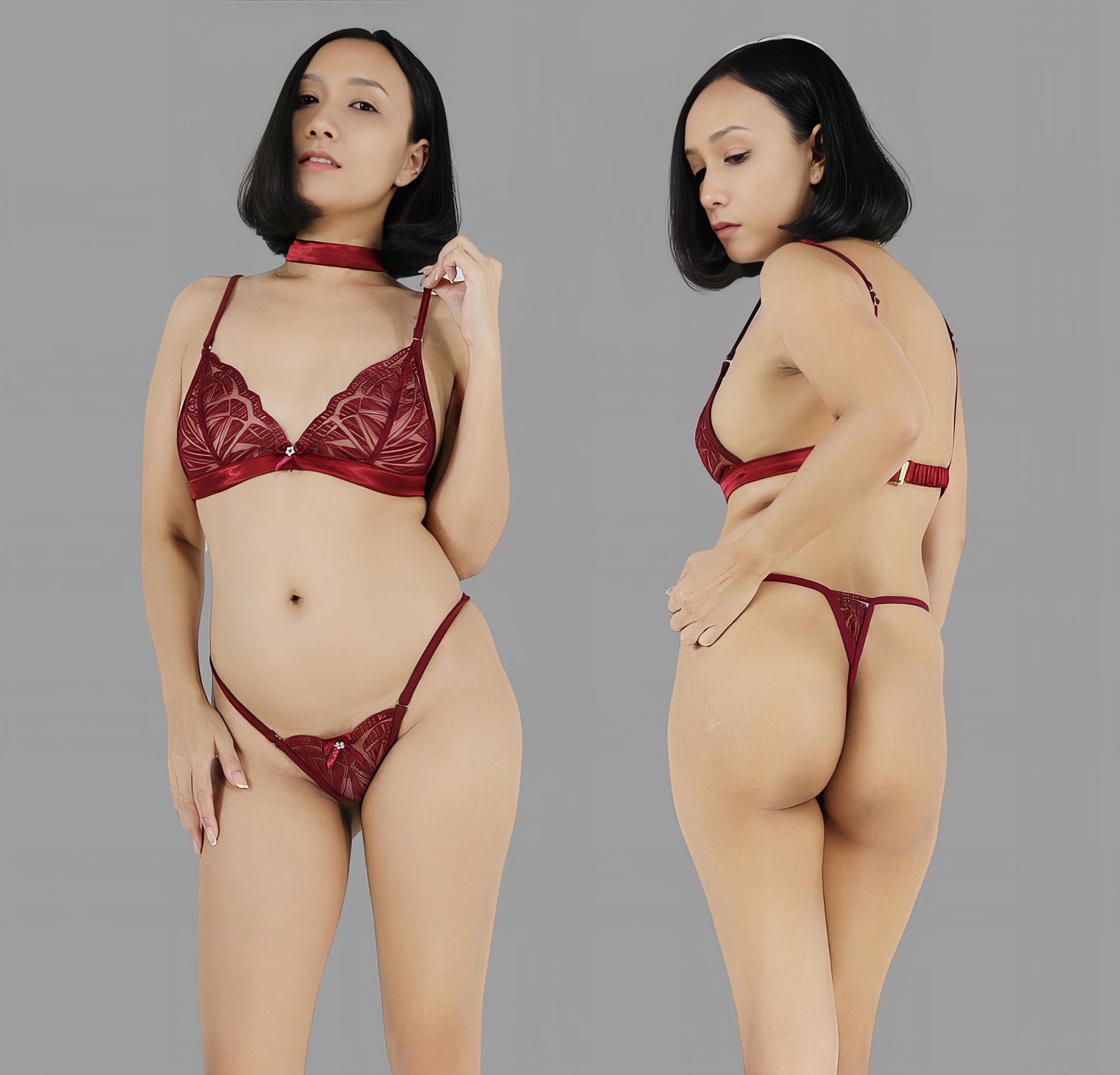 See through lingerie set with G string panties in red lace sexy sheer boudoir lingerie - Ange Déchu