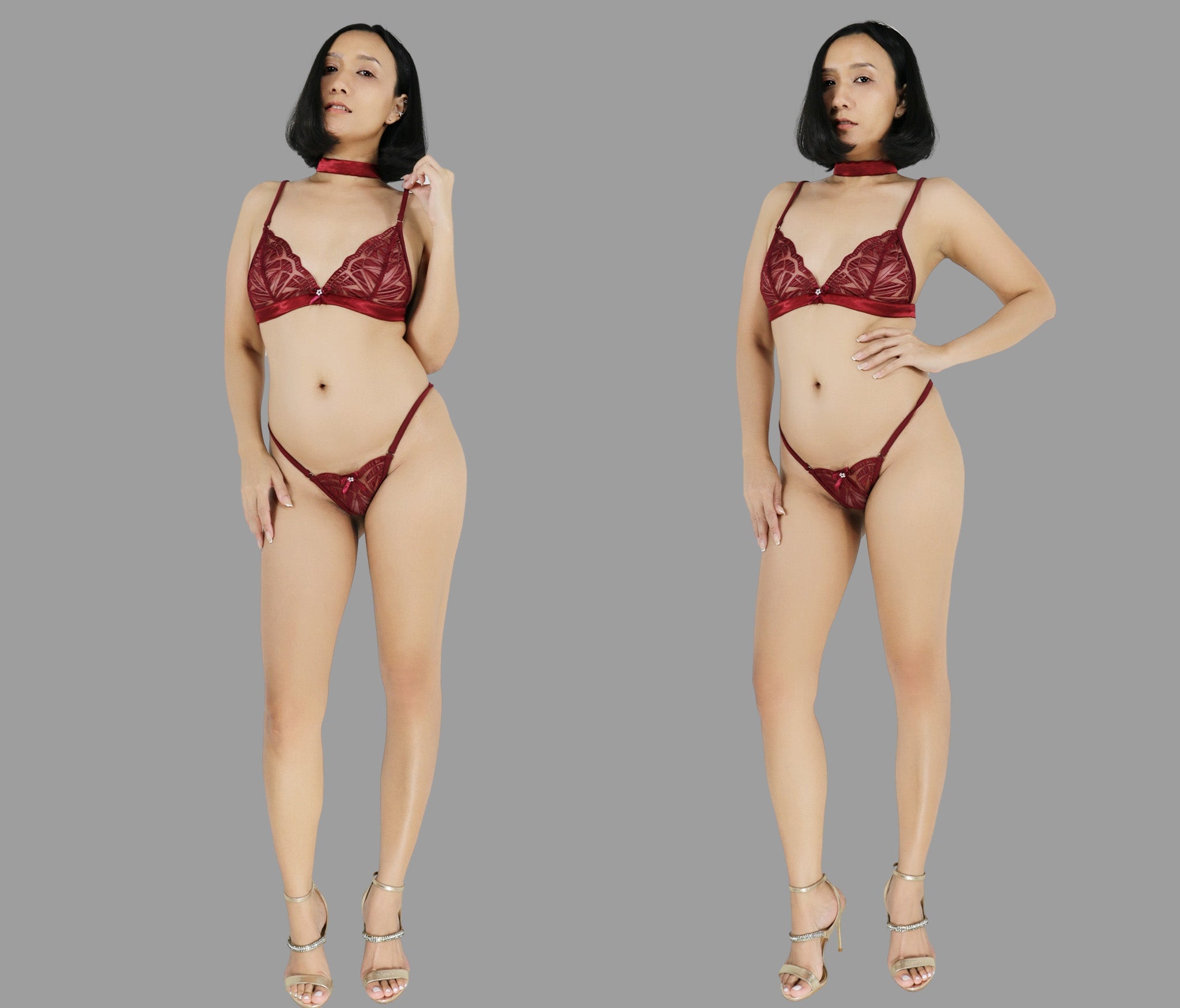 See through lingerie set with G string panties in red lace sexy sheer boudoir lingerie - Ange Déchu