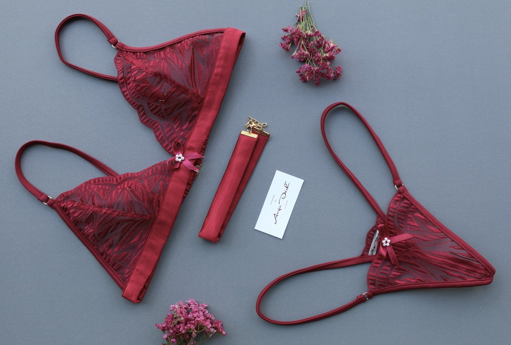 See through lingerie set with G string panties in red lace sexy sheer boudoir lingerie - Ange Déchu