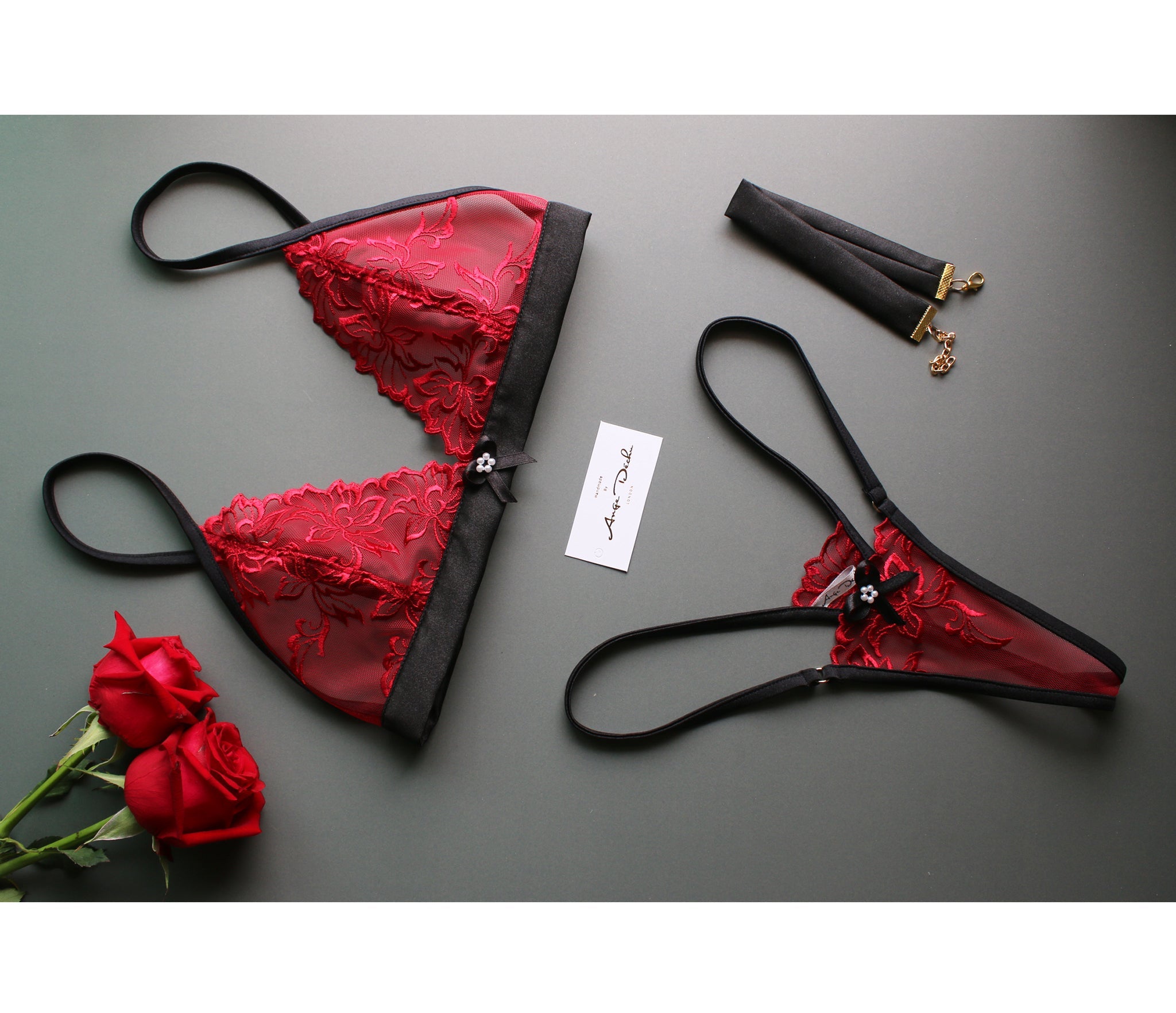 See through lingerie set with G string panties in red lace with black trim sexy sheer boudoir lingerie - Ange Déchu
