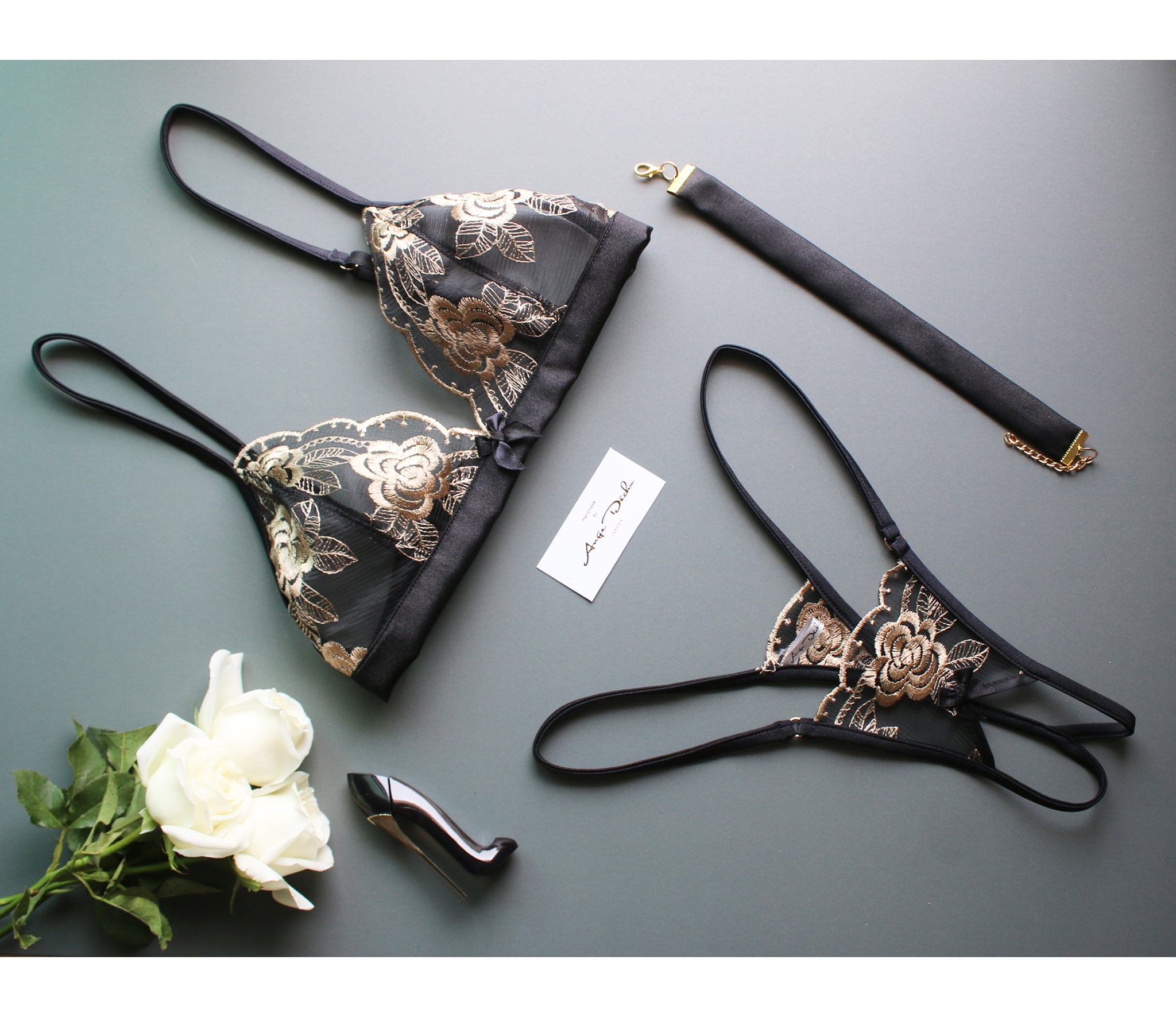 See through lingerie set with open crotch G string panties in black and gold lace with black trim sexy sheer boudoir lingerie - Ange Déchu