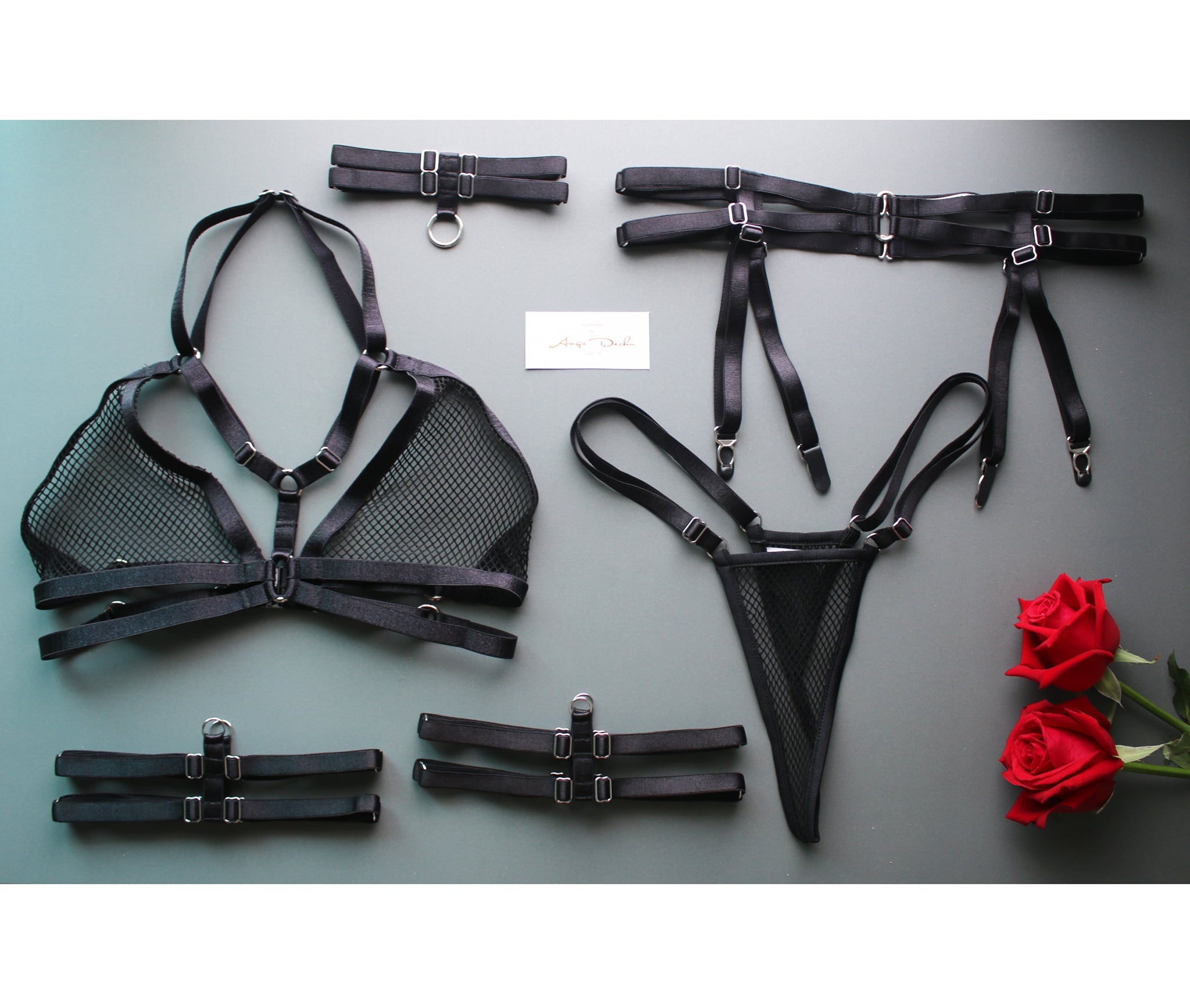 See through lingerie sexy black fishnet strappy body harness set with choker bra garter belt and garters see through panties g string - Ange Déchu