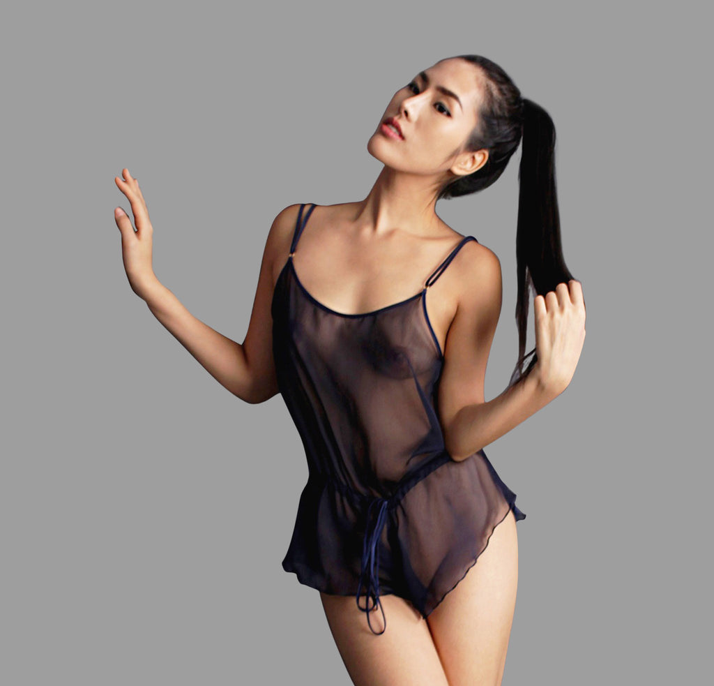 See through nightwear sexy sheer lingerie midnight blue teddy playsuit erotic lingerie by Ange Dechu - Ange Déchu